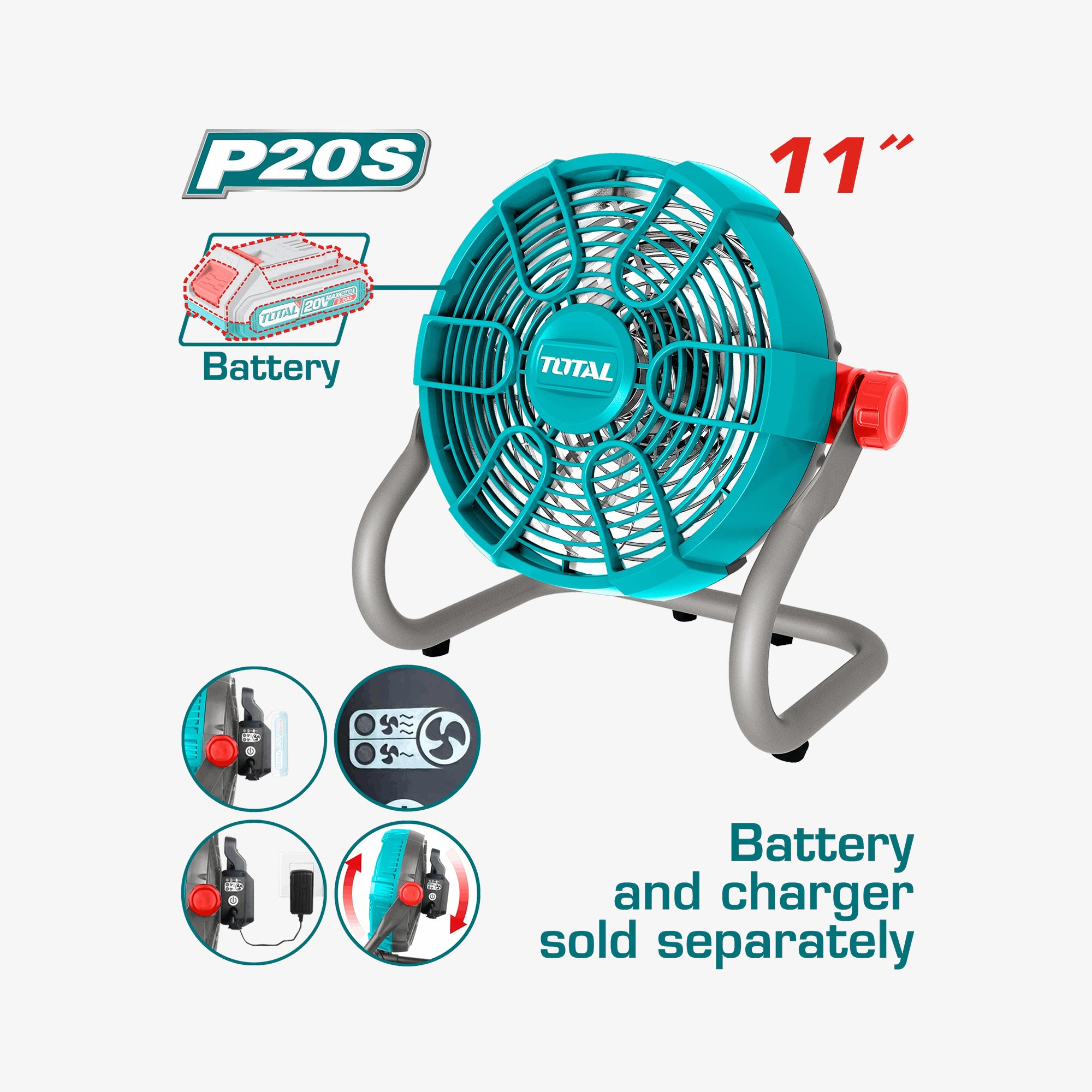 Turquoise fan with 'TOTAL' branding on a white background, featuring text and icons indicating product details.