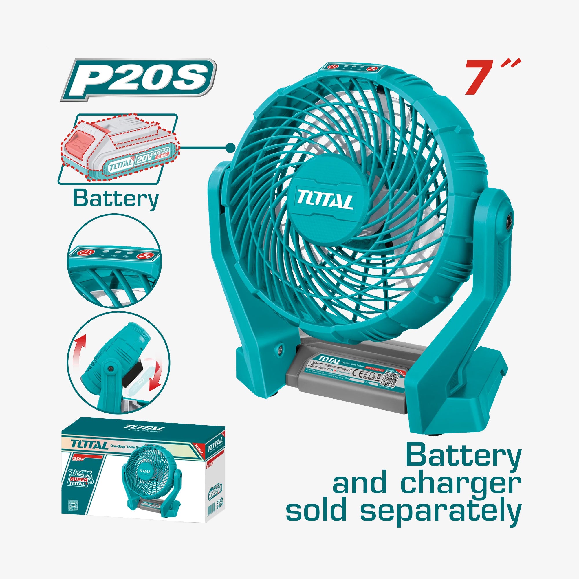 Turquoise portable fan with 'TOTAL' branding, battery pack illustration, and packaging on a white background.
