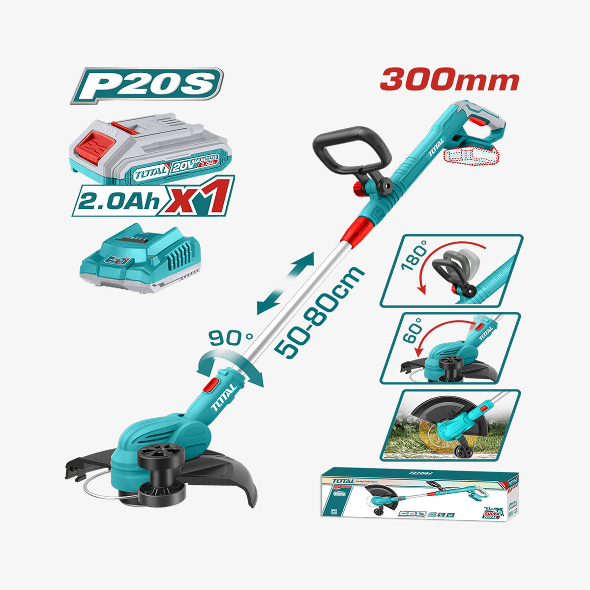 Turquoise string trimmer with battery and charger on a white background