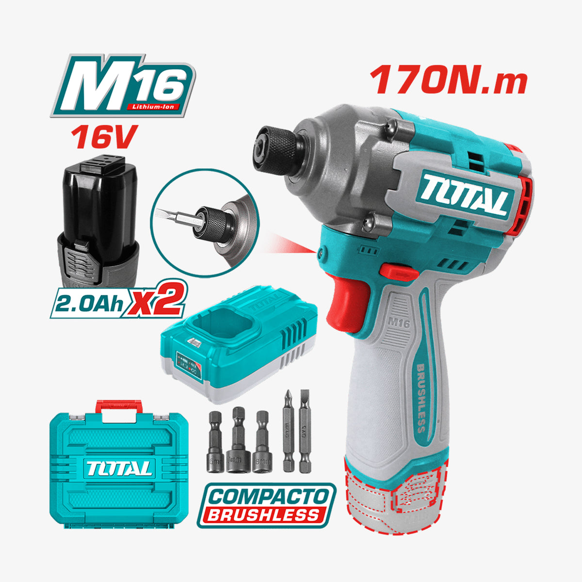 Total cordless drill with battery, case, and accessories on a white background
