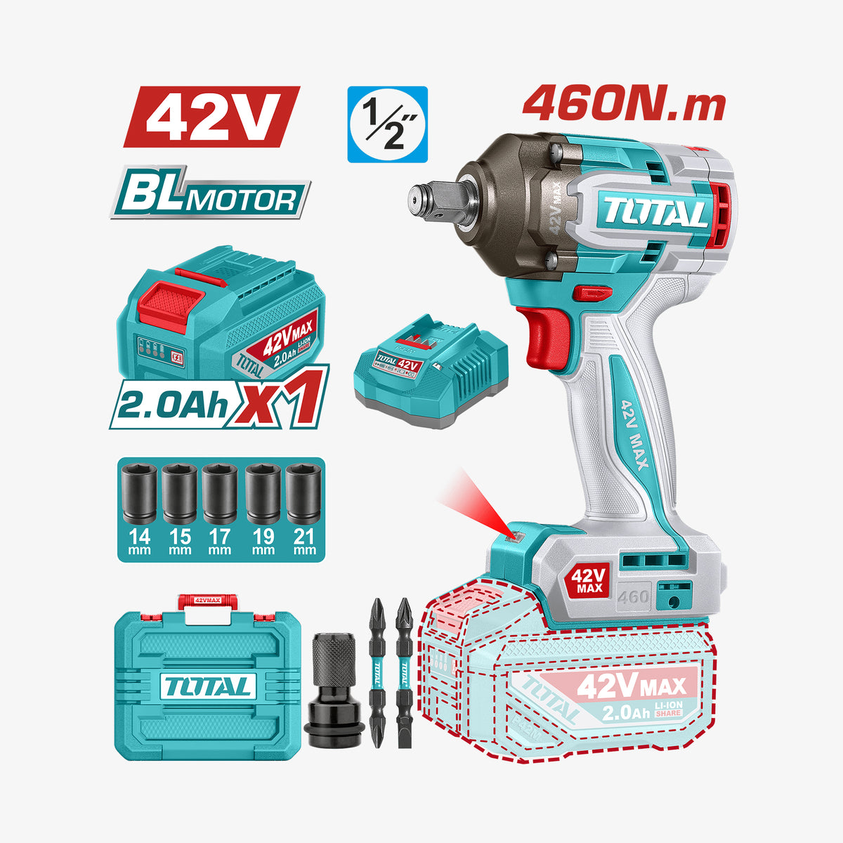 Total brand impact wrench set with battery, charger, and accessories on a white background