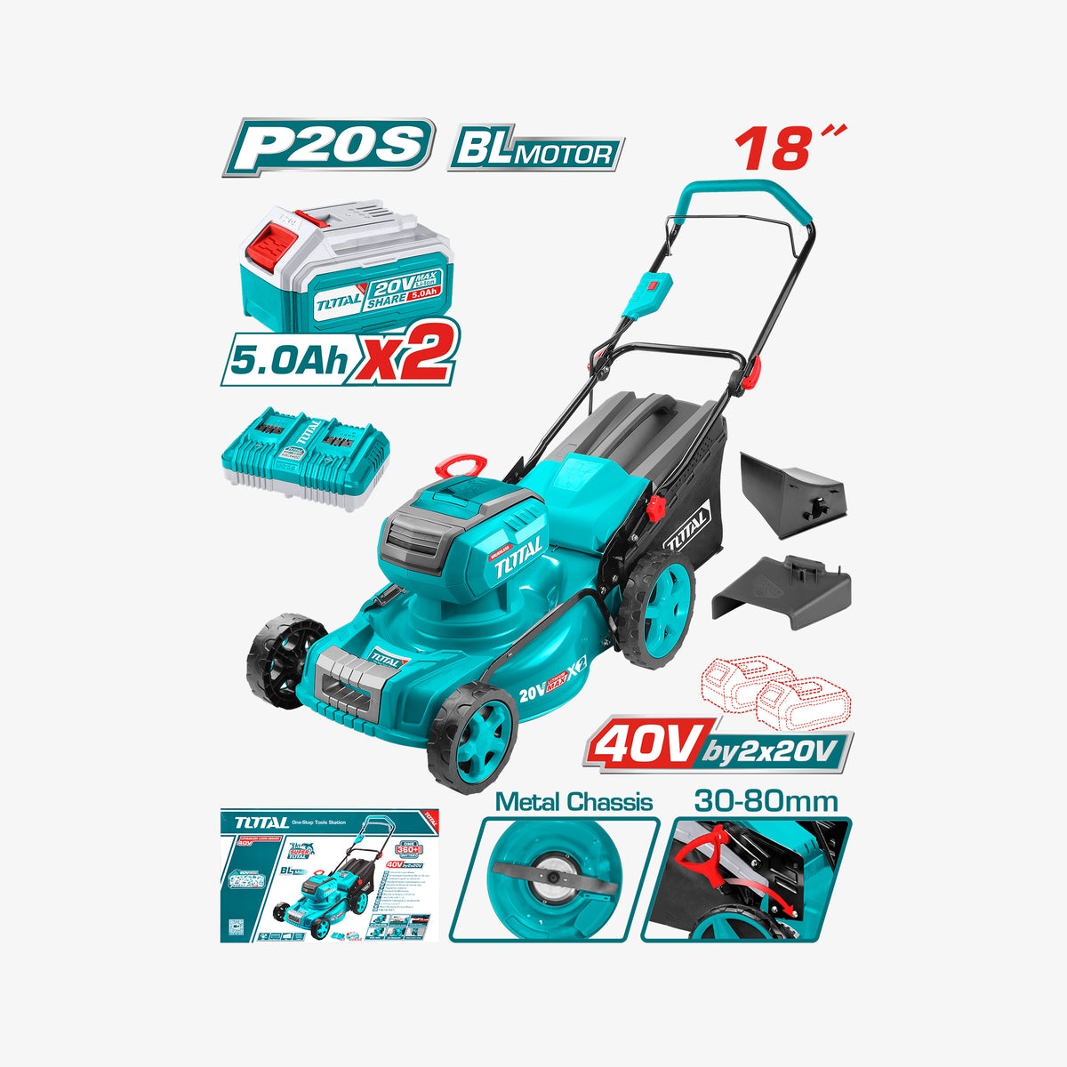 Turquoise lawn mower with accessories and battery packs on a white background