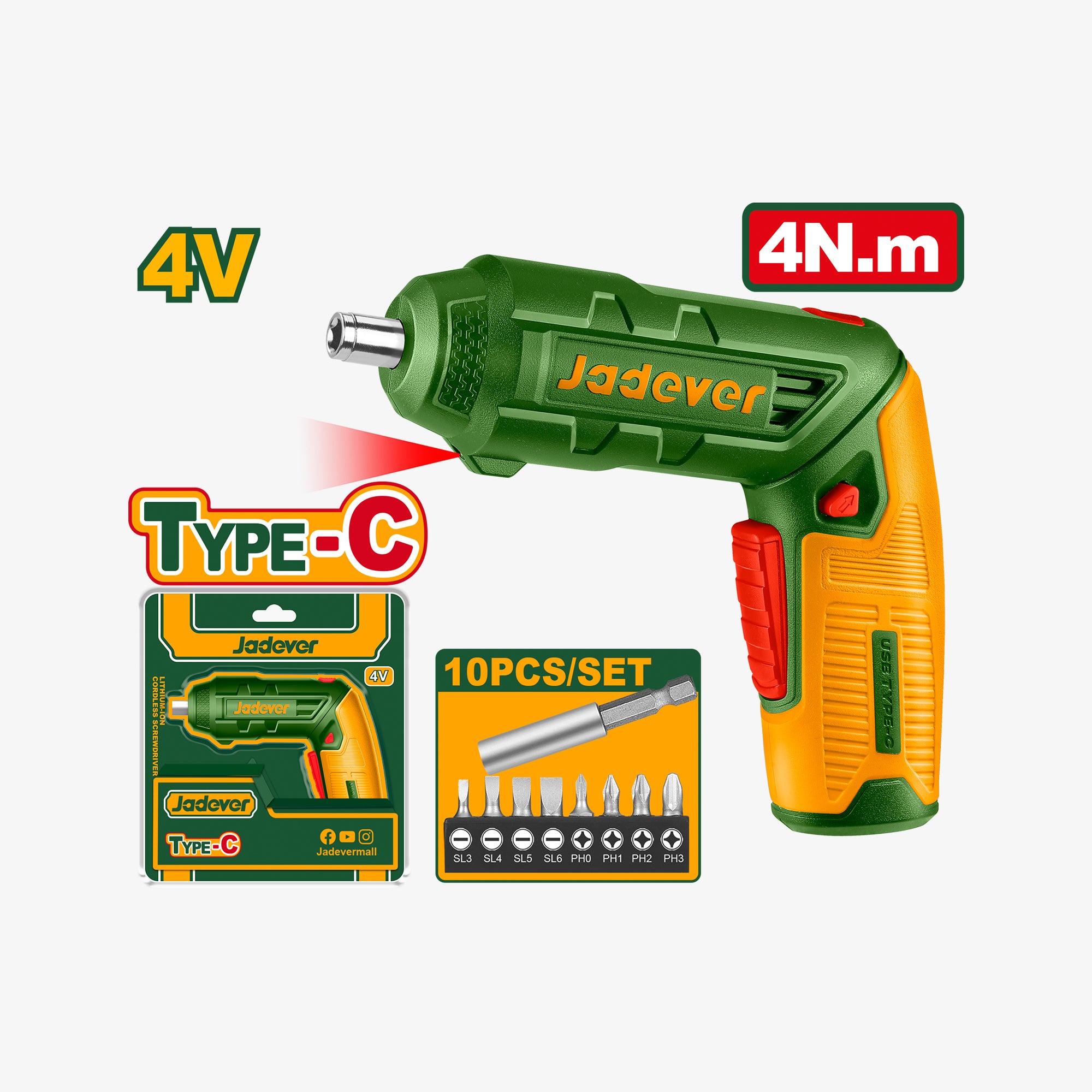 Green and orange cordless drill with accessories on a white background