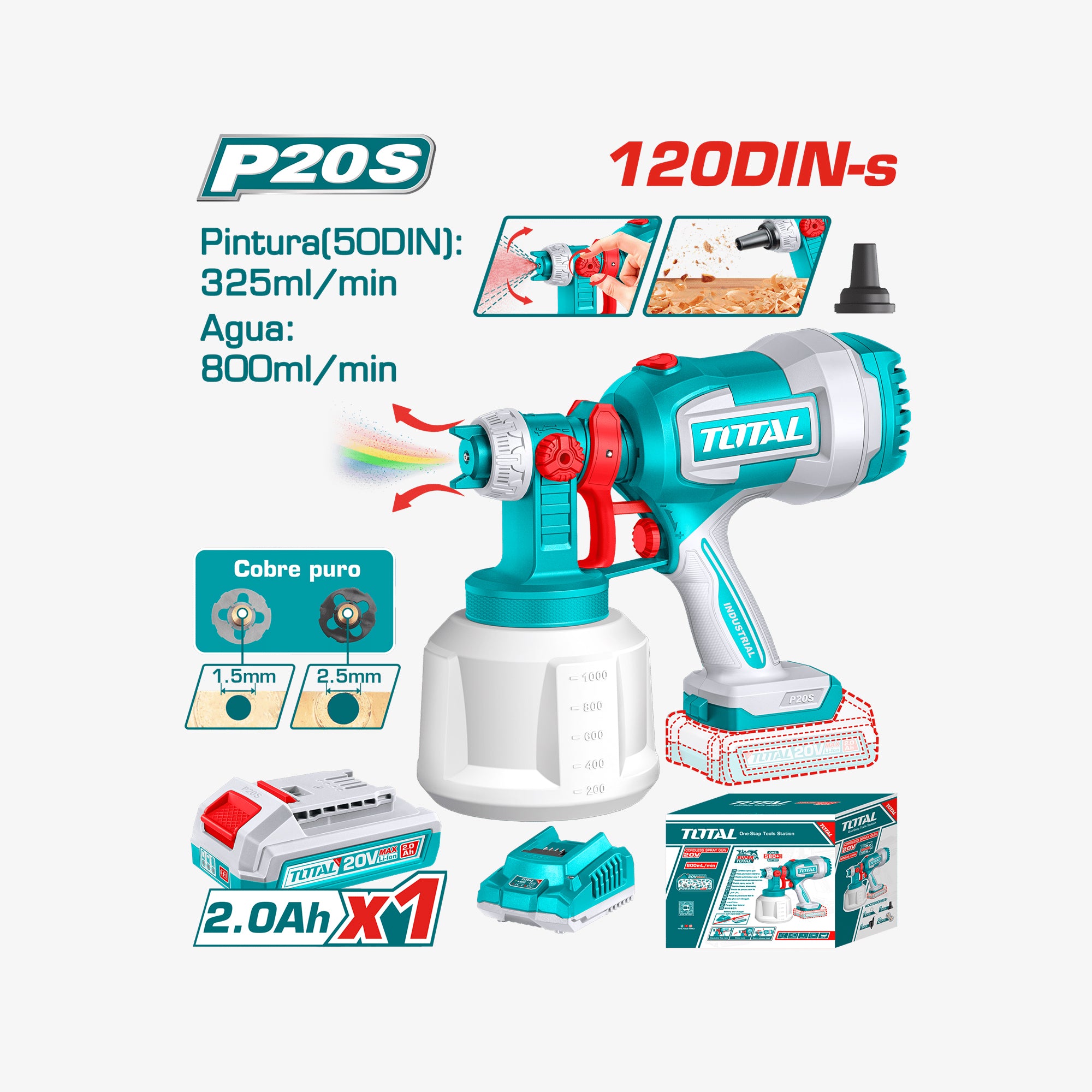 Total paint sprayer with specifications and accessories on a white background