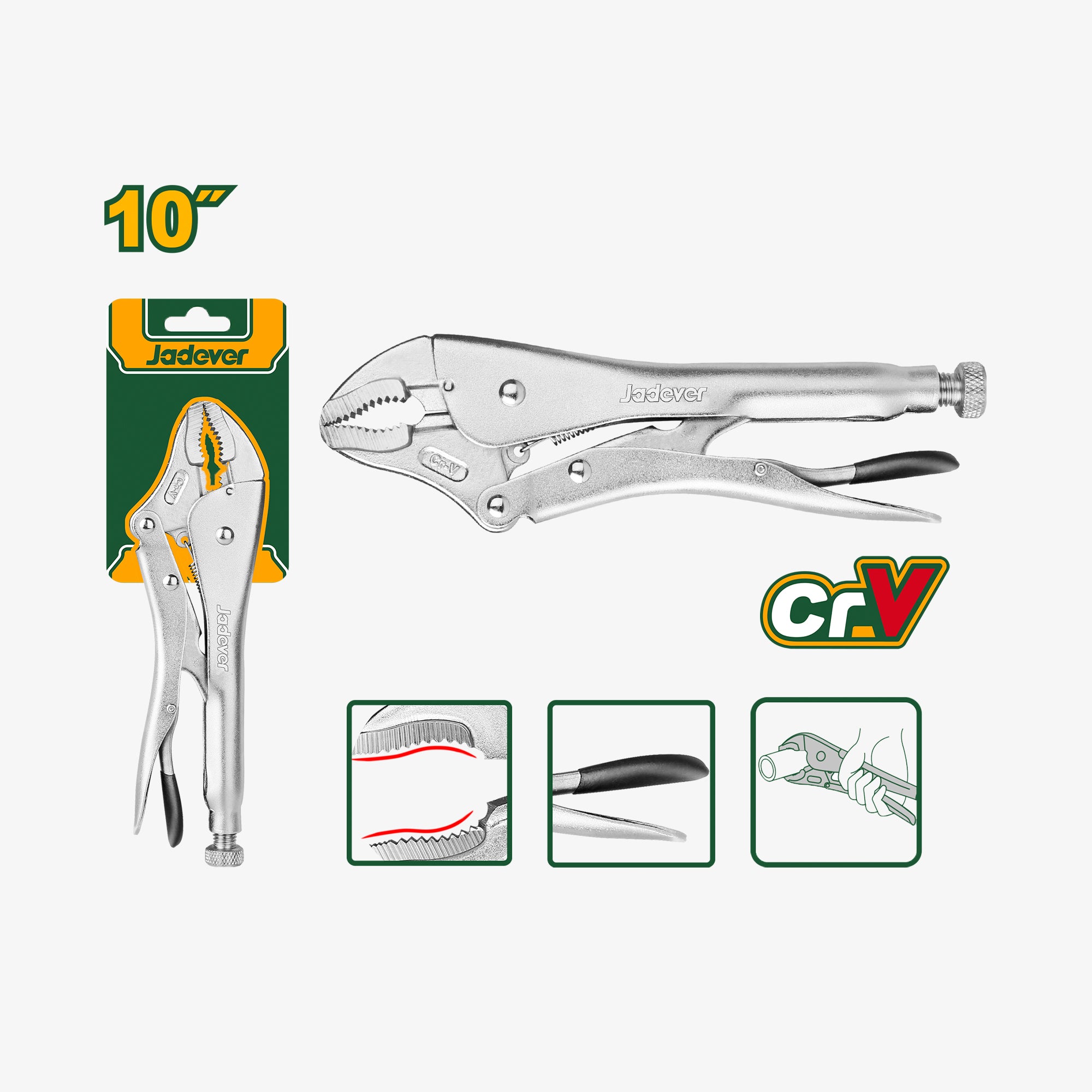 Locking pliers with packaging and CRV logo on a white background