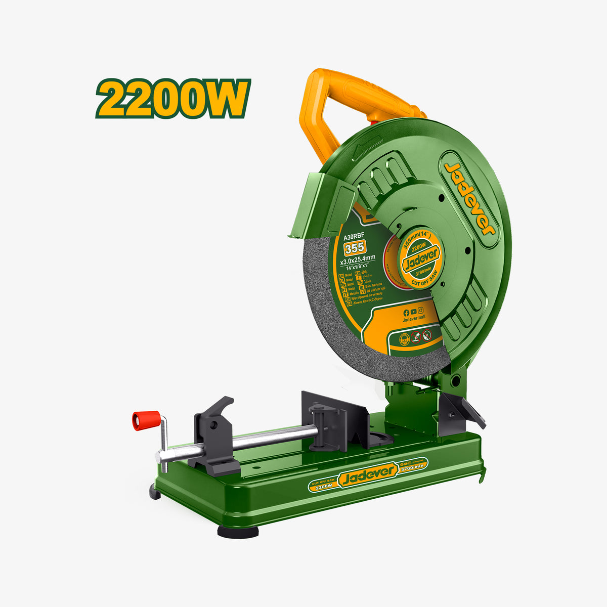 Green and orange circular saw with 'Jadover' branding and 2200W rating on a white background