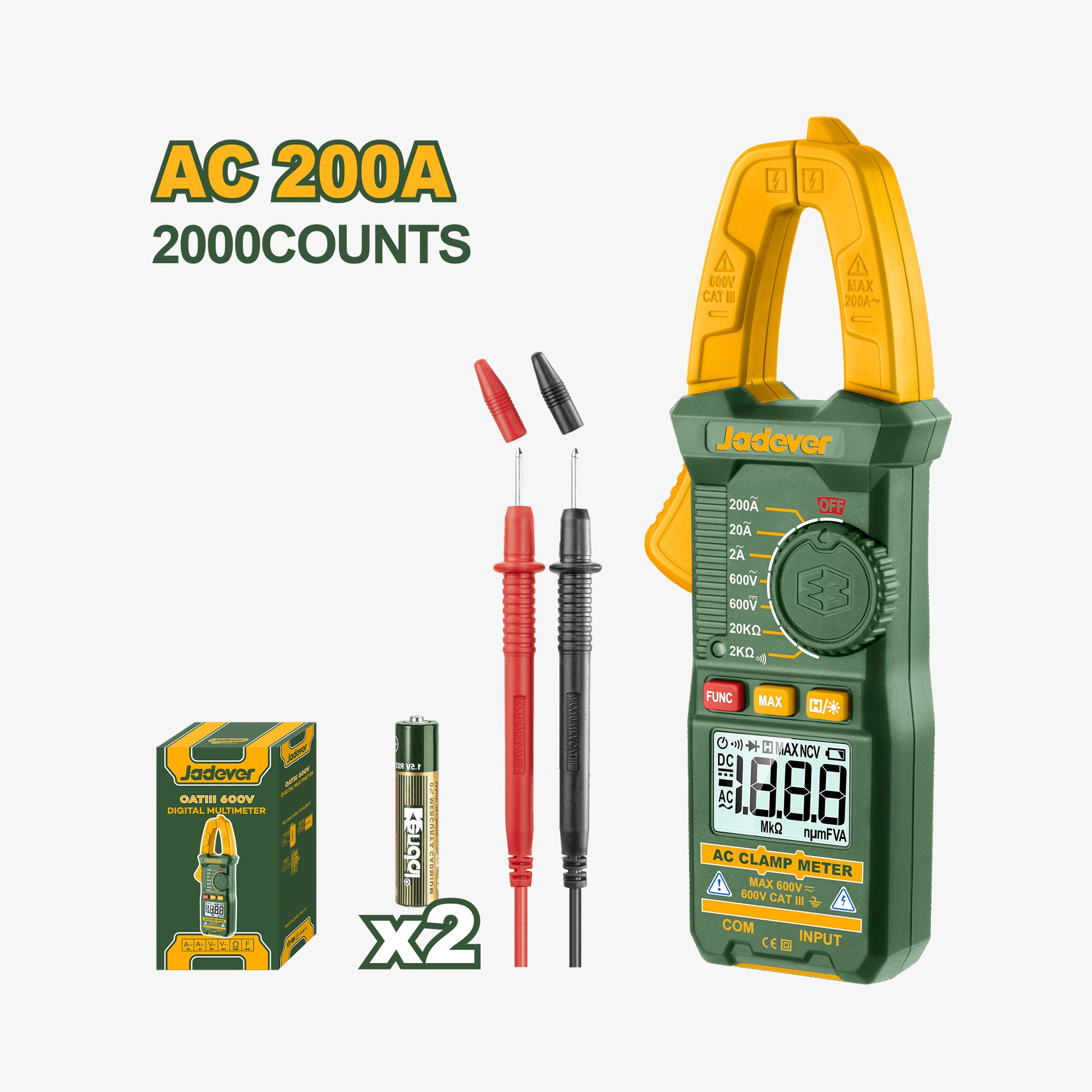 Jadower AC clamp meter with accessories on a white background
