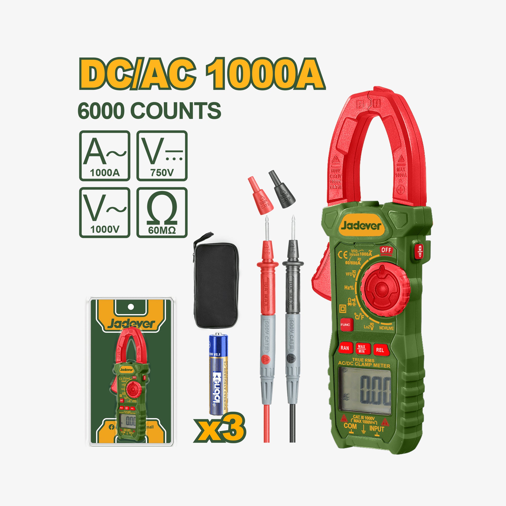 Digital multimeter with accessories on a white background, featuring the brand 'Jadever'.