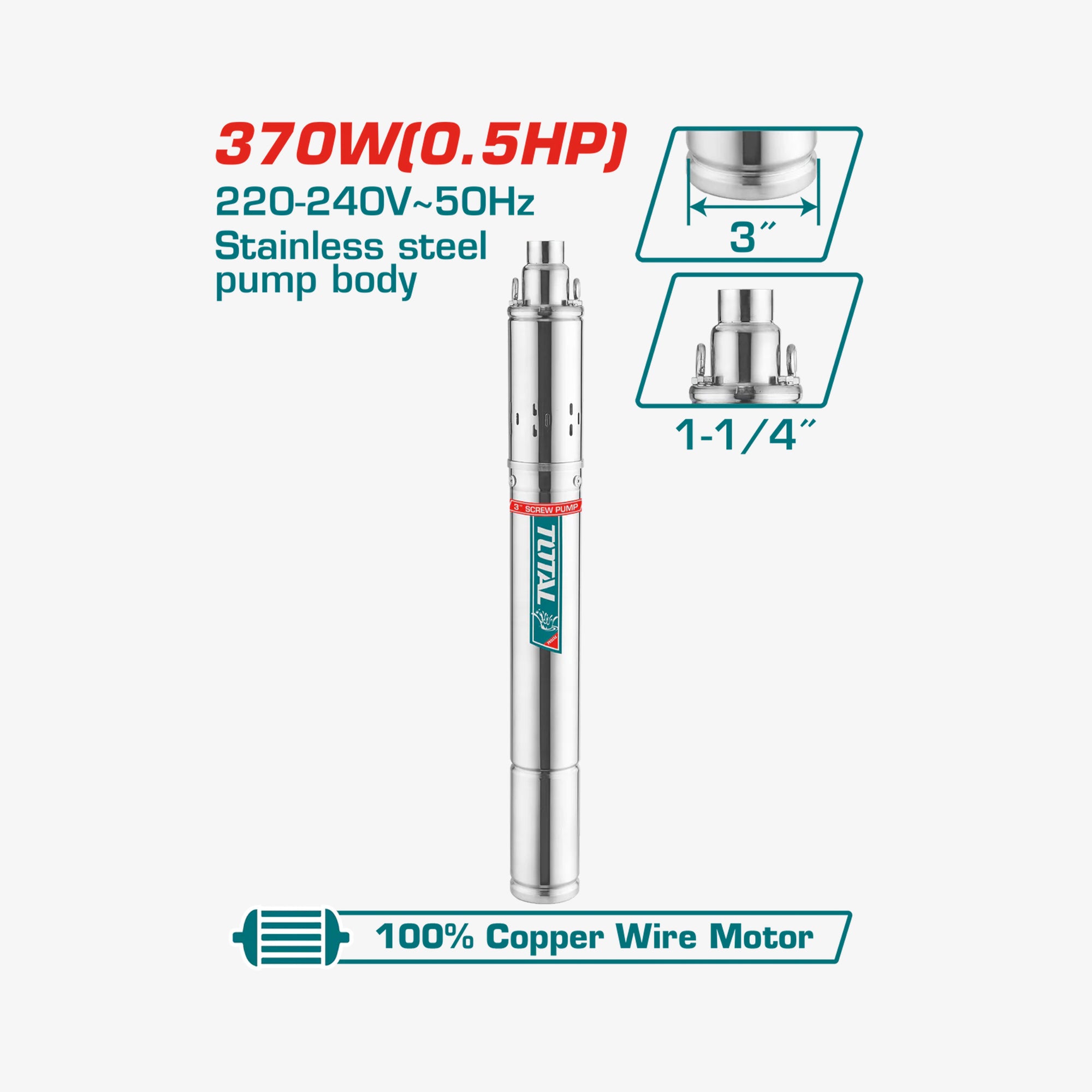Stainless steel pump with specifications on a white background