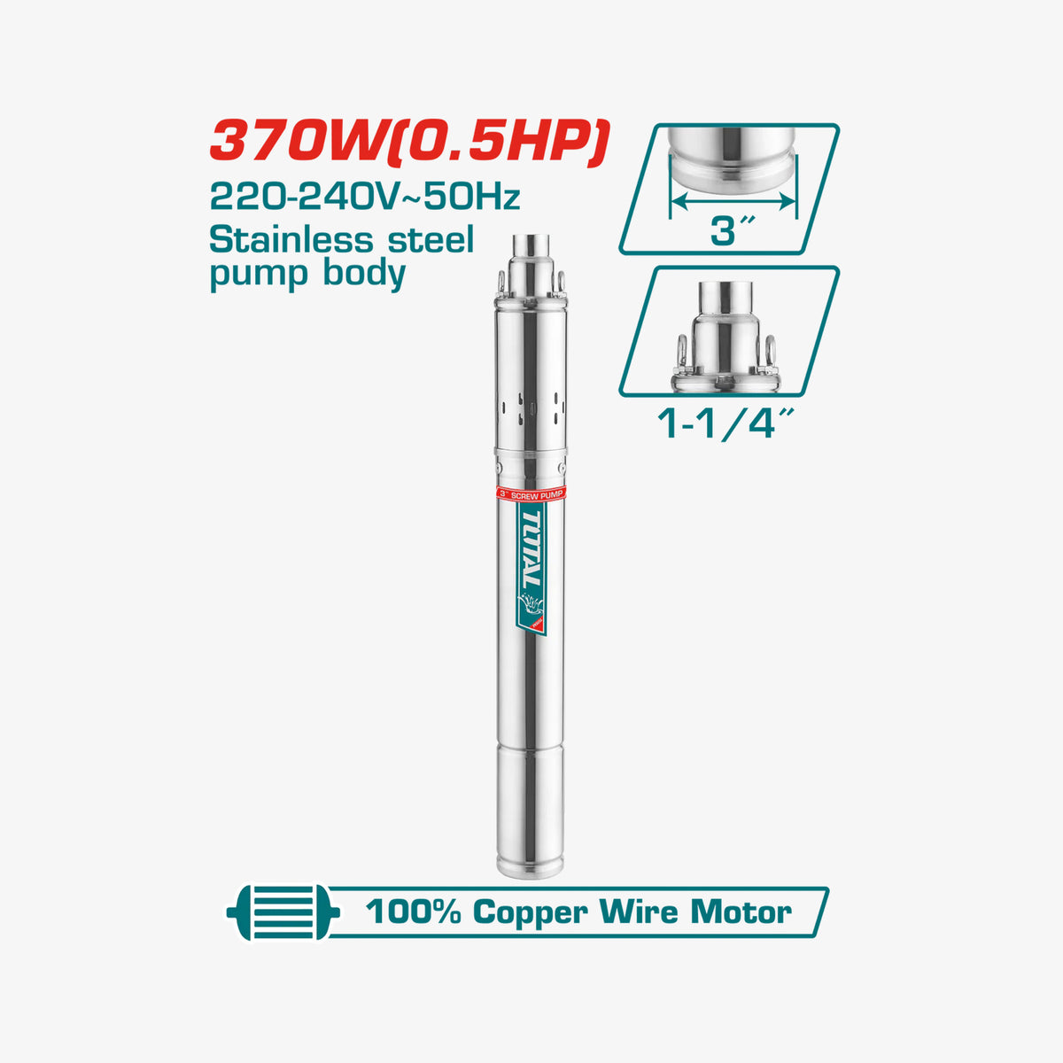 Stainless steel pump with specifications on a white background