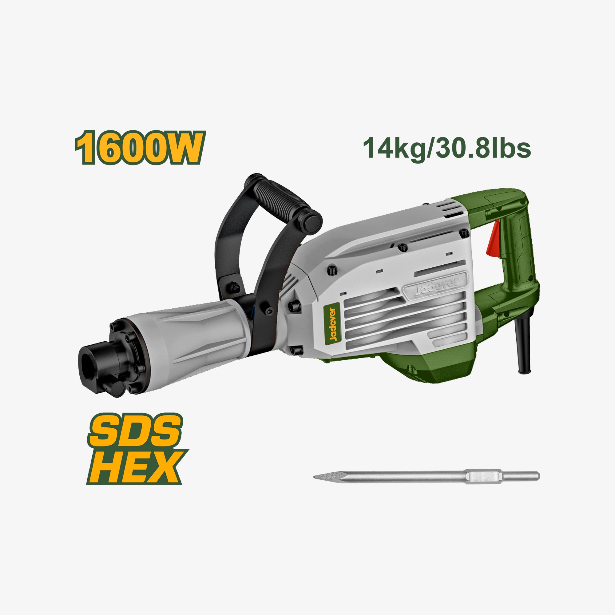 Electric hammer with specifications on a white background