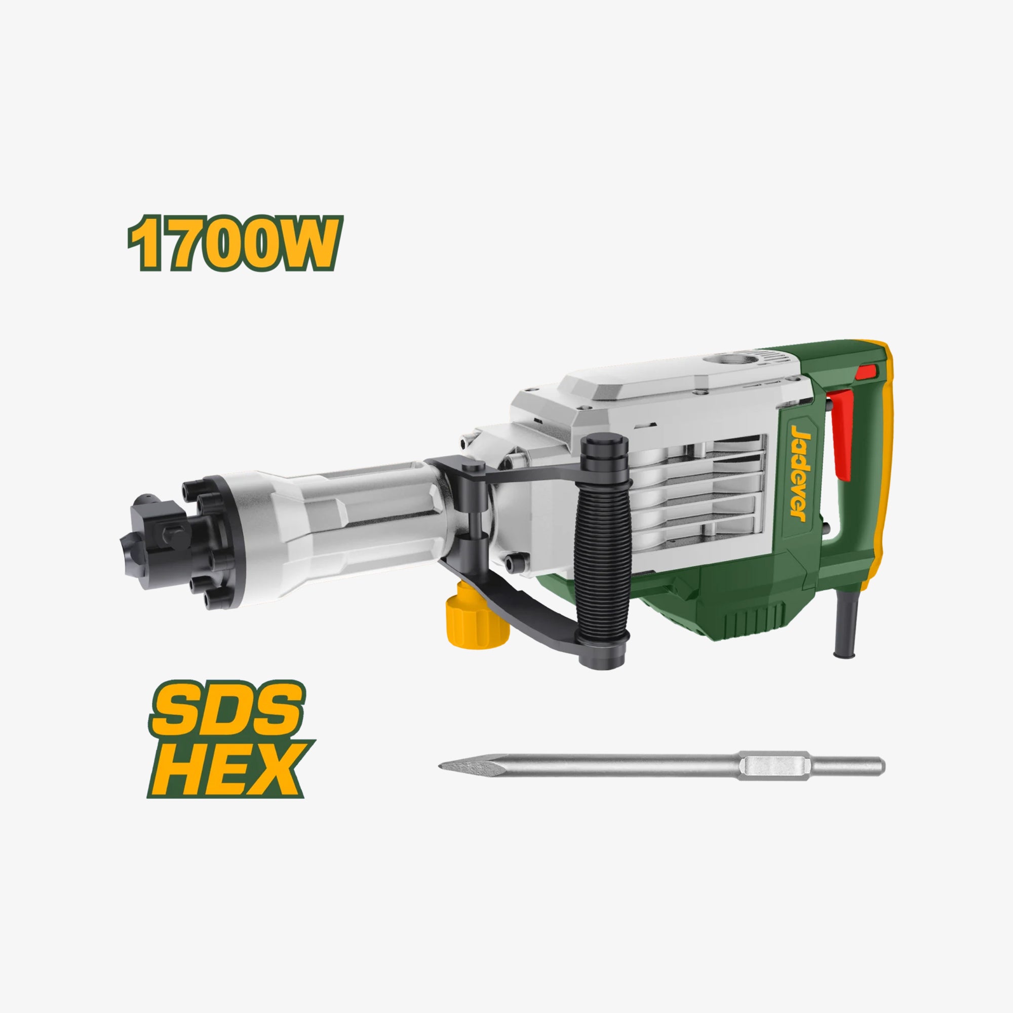 Green and gray electric drill with SDS HEX attachment on a white background, featuring '1700W' text.