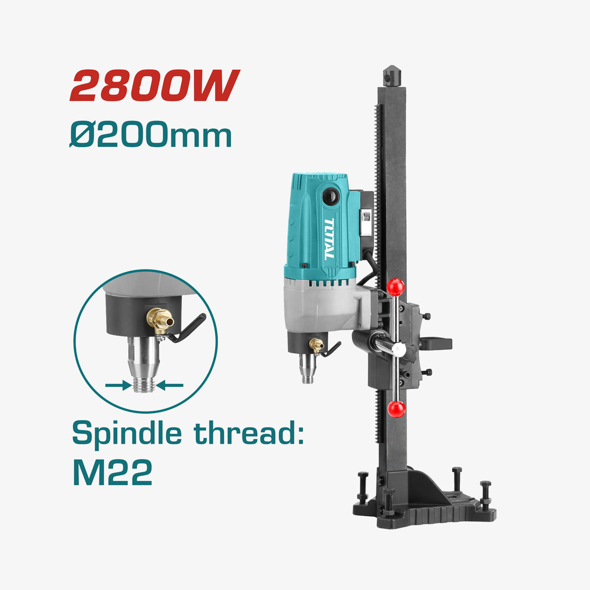 Drill press with specifications on a white background
