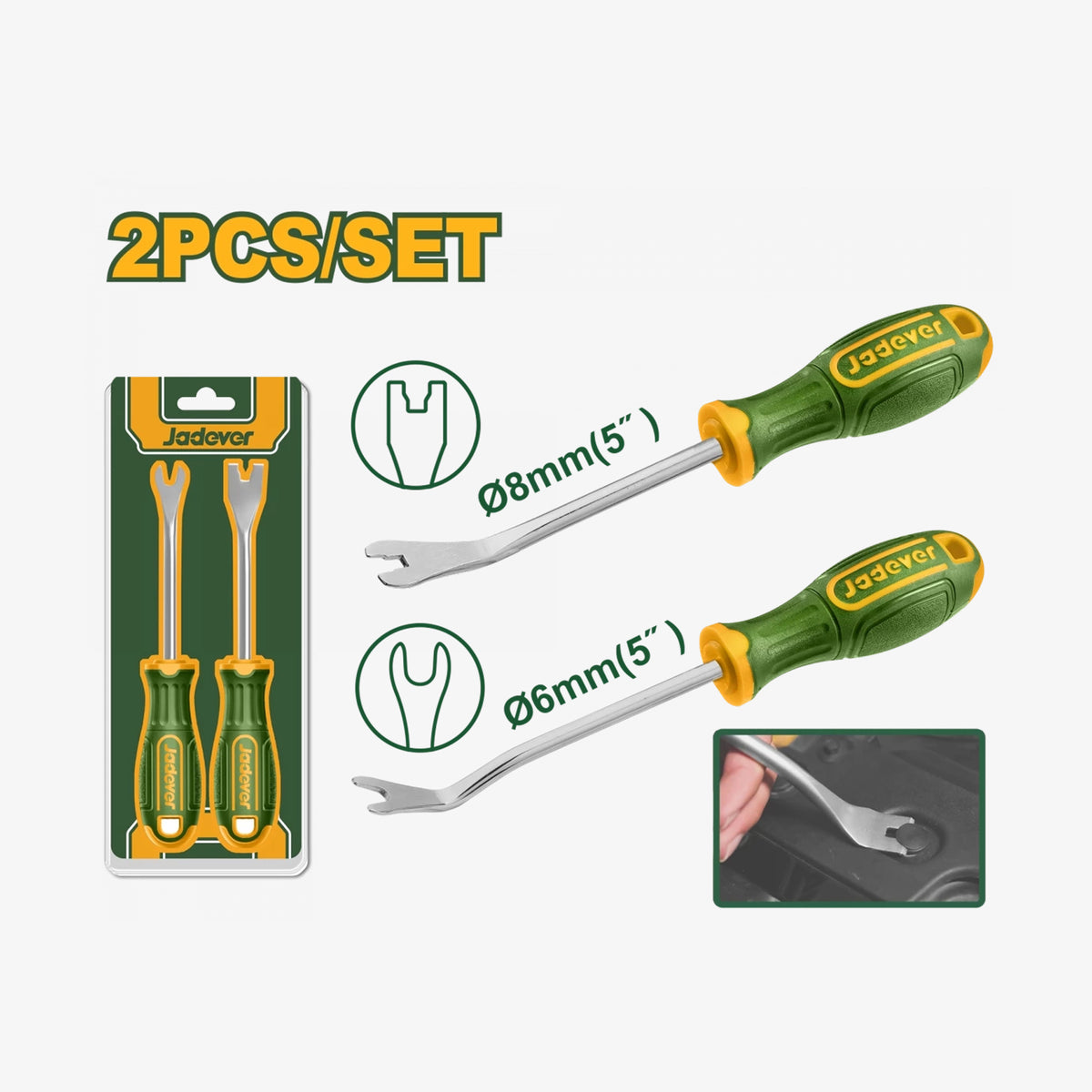 Two screwdrivers with green handles and yellow accents, one in packaging, on a white background.