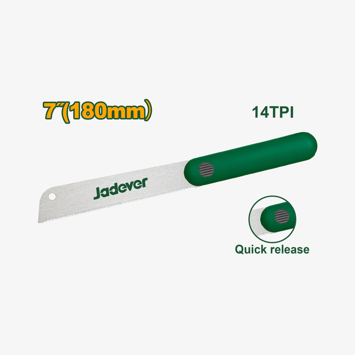Jadever saw blade with green handle on a white background