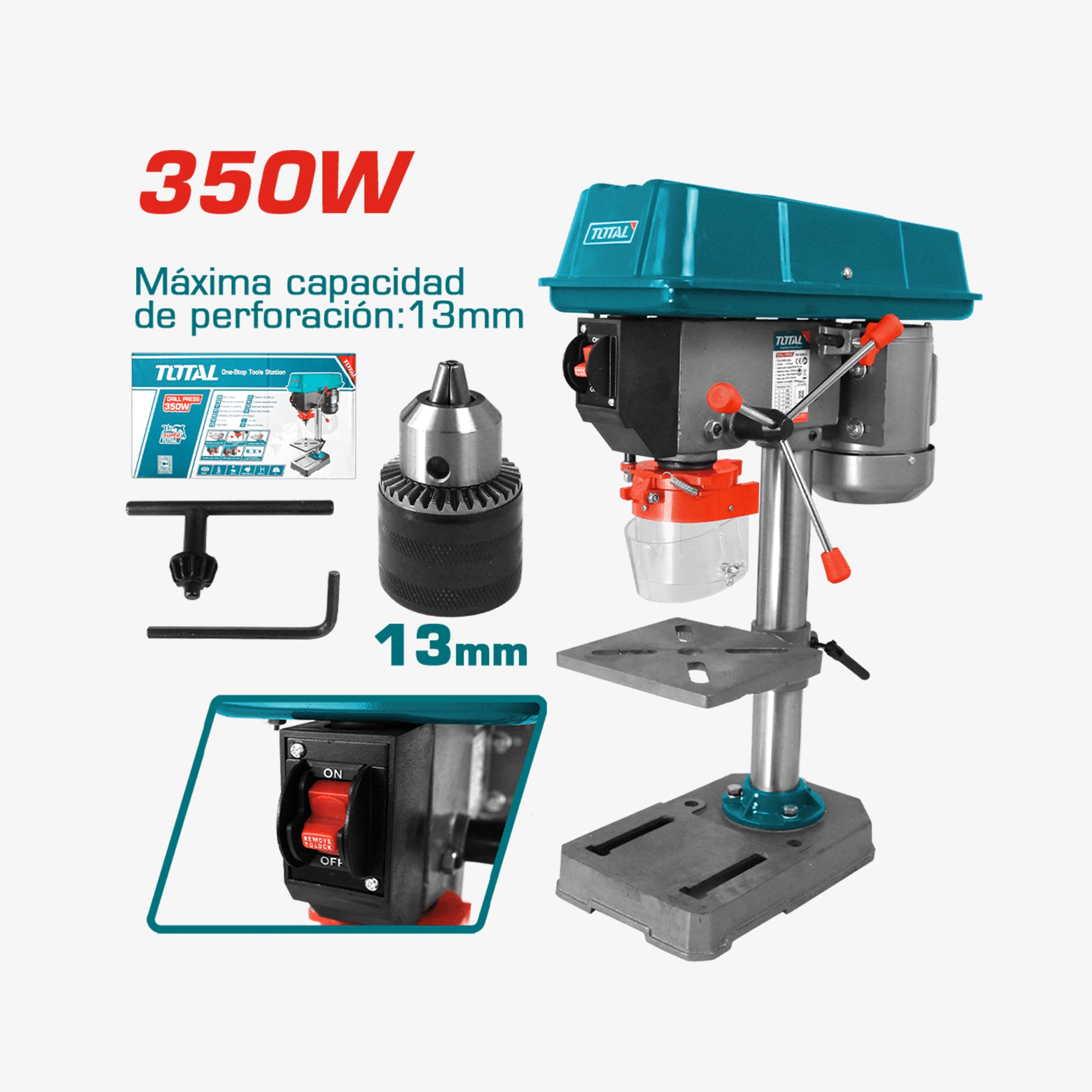 Drill press with accessories on a white background