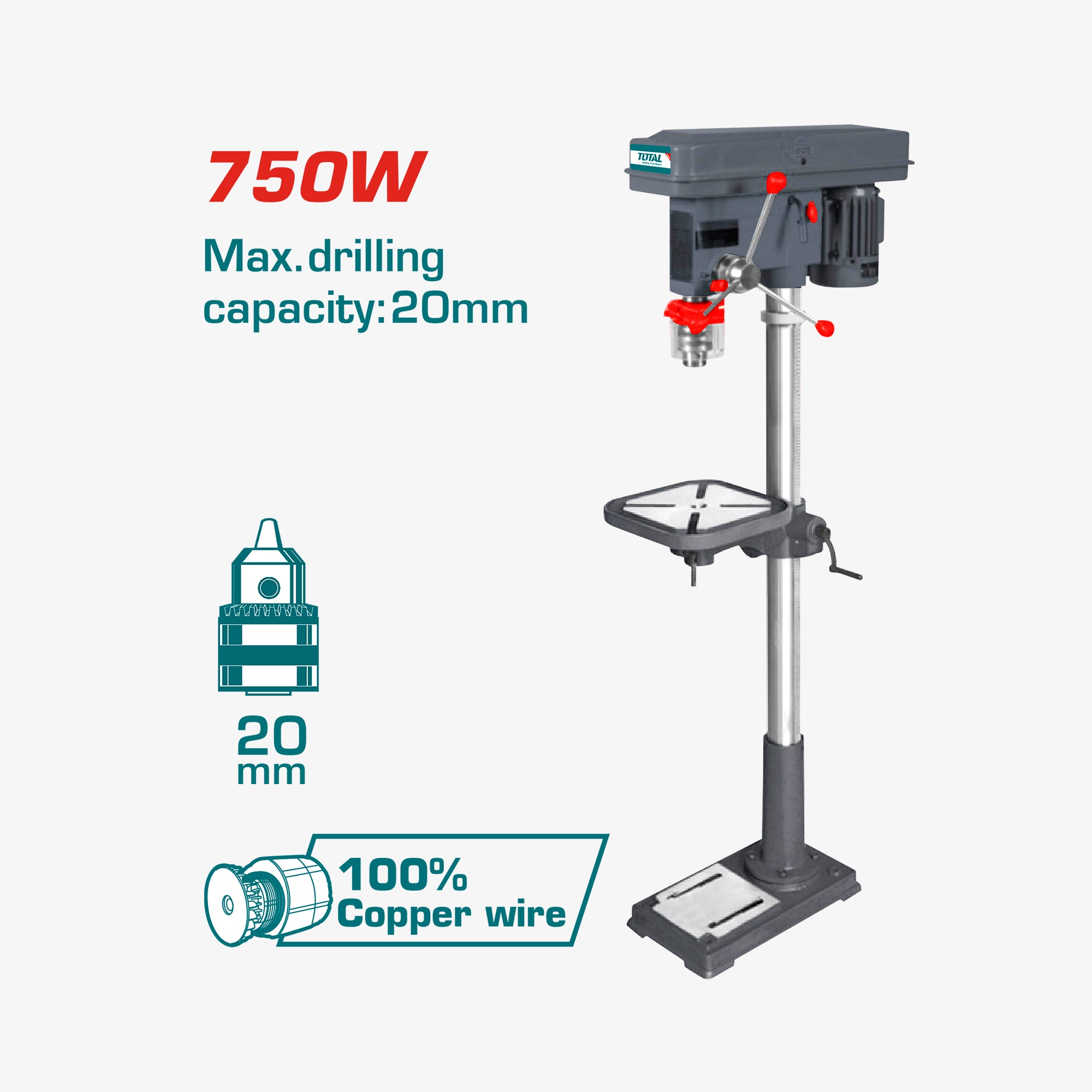 Drill press with specifications on a white background