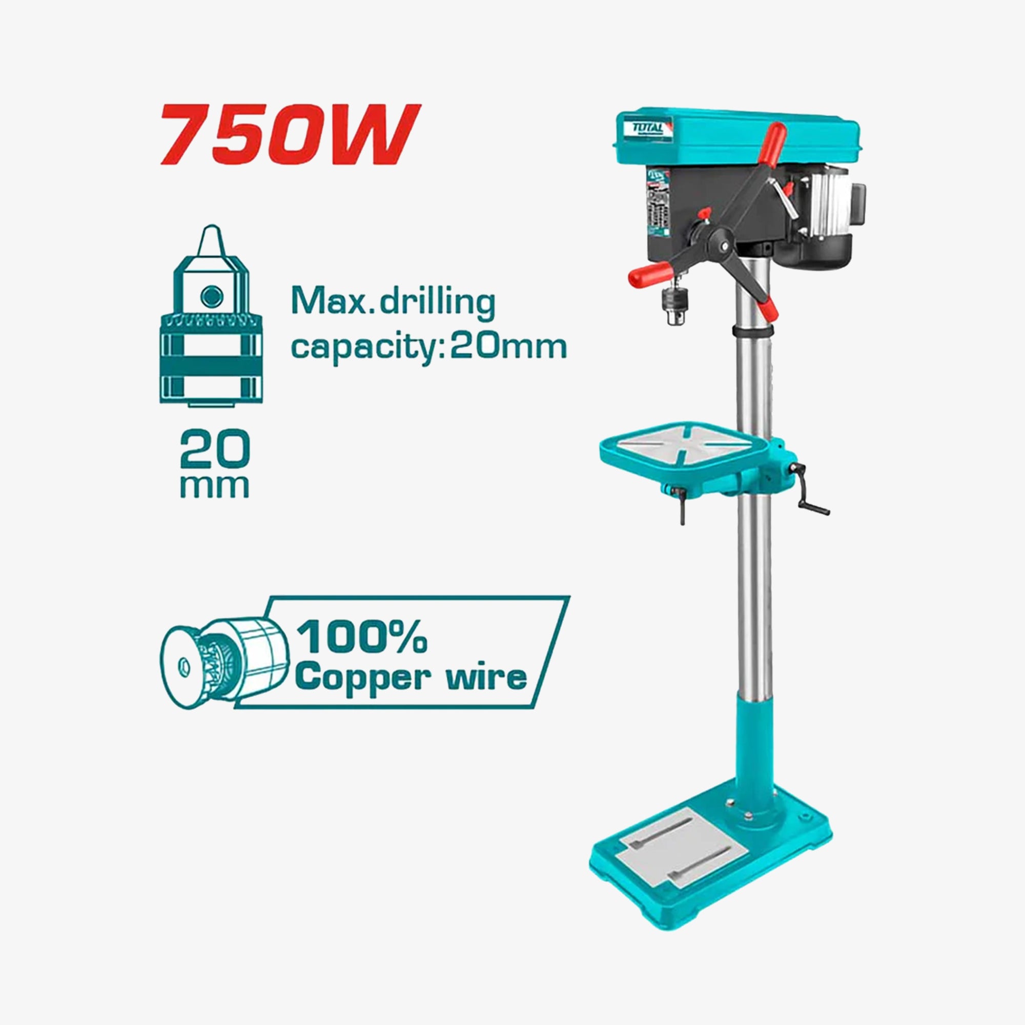 Teal drill press with specifications on a white background