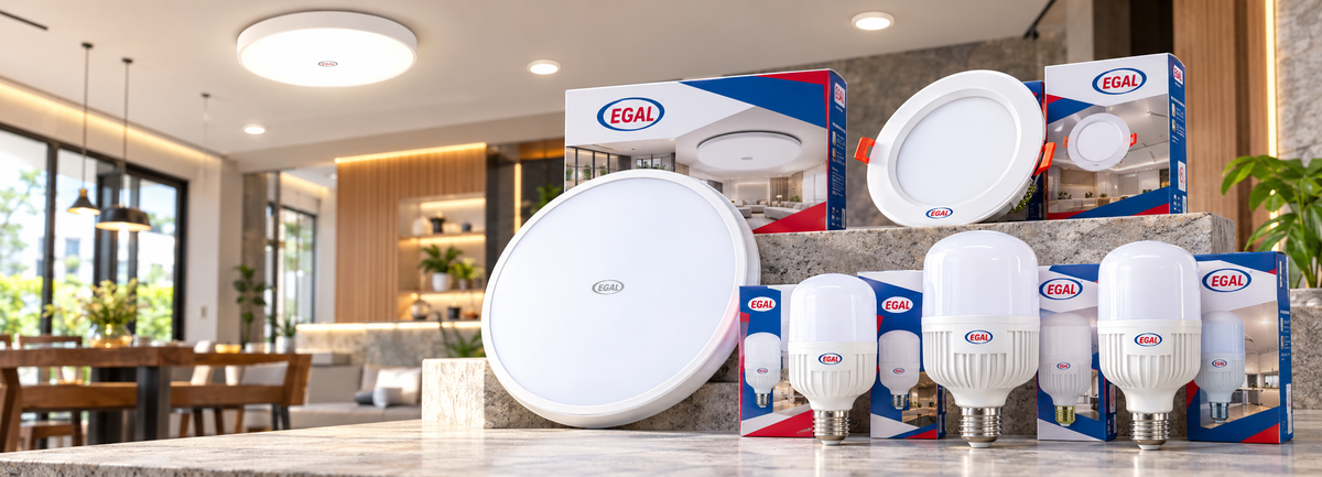 A collection of EGAL brand LED light products, including a large round flush-mount ceiling light, several smaller round lights, and multiple screw-base LED bulbs, arranged on a countertop in front of their retail packaging boxes. The background shows a blurred, modern dining and living room interior.