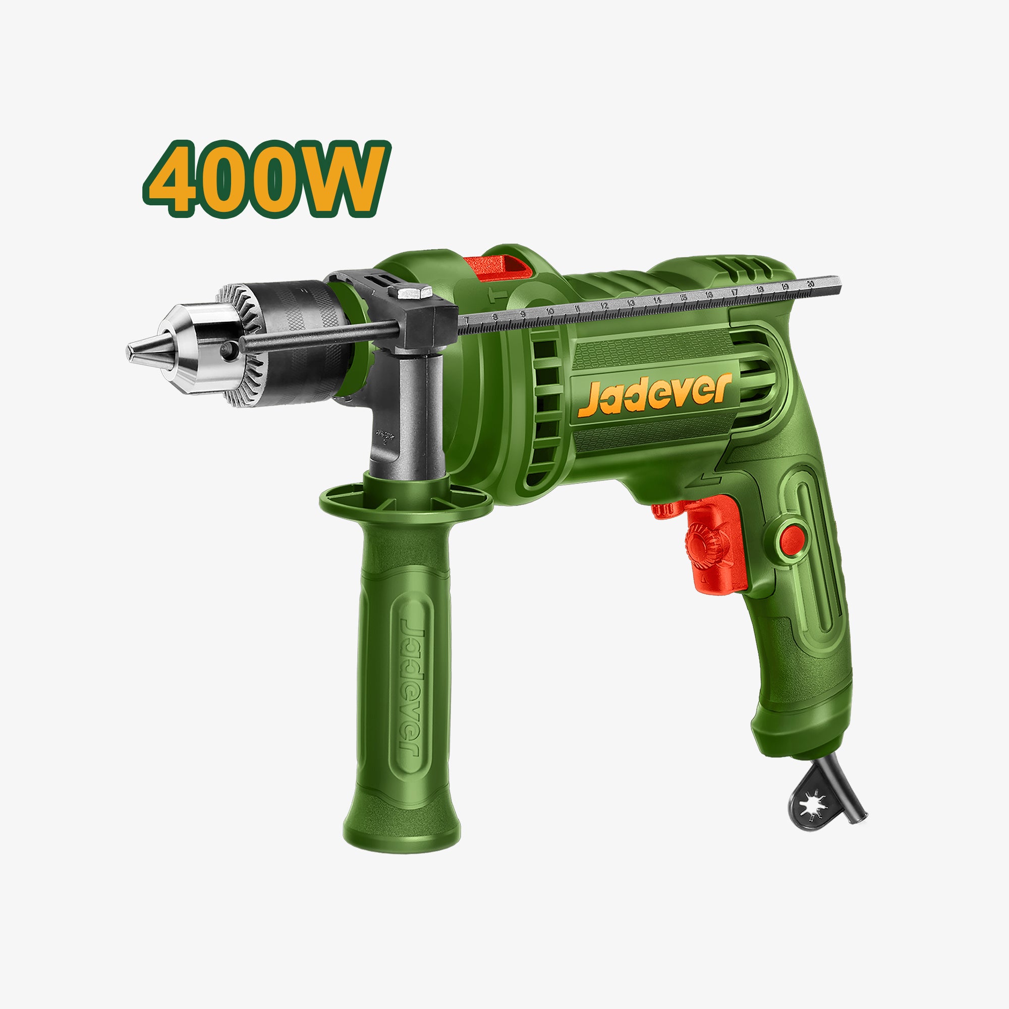 Green drill with 'Jadever' branding and 400W rating on a white background