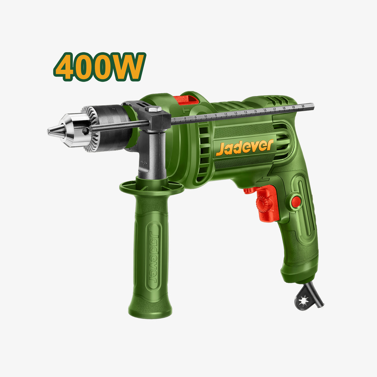 Green drill with 'Jadever' branding and 400W rating on a white background