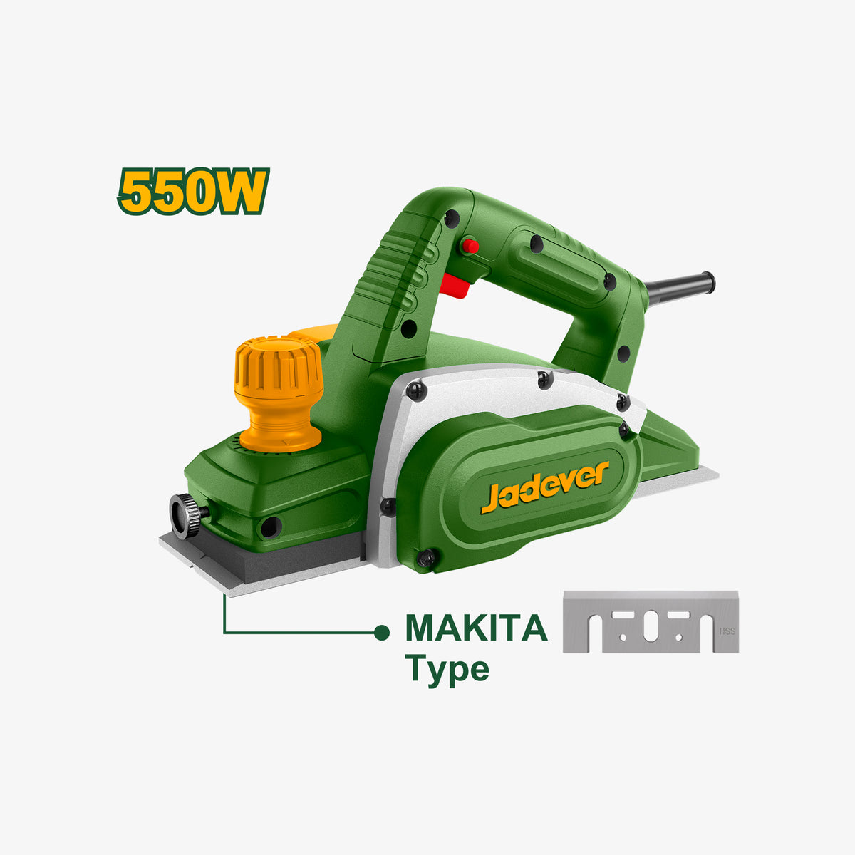 Green power tool with 'Jadever' branding and '550W' rating on a white background