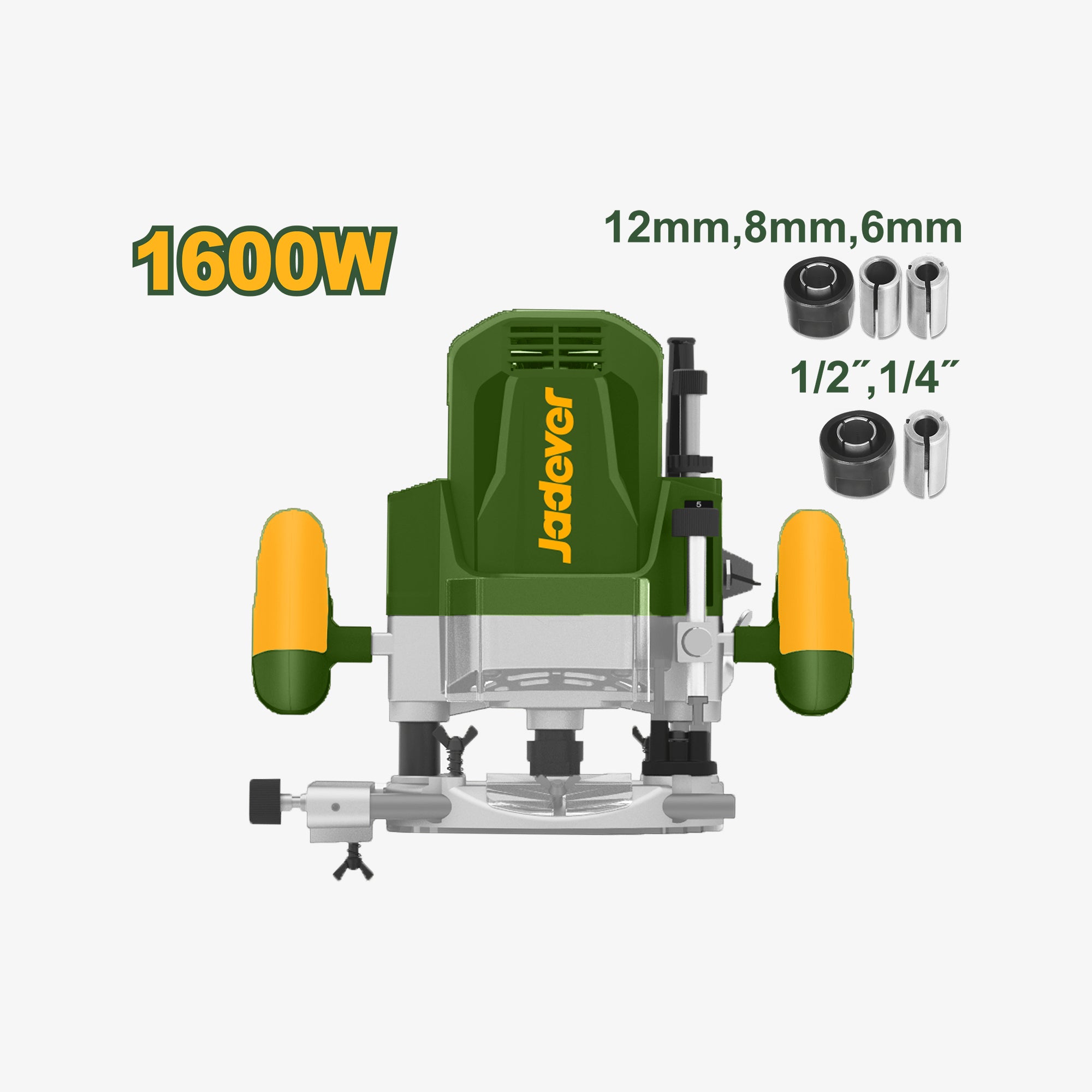 Green and yellow router with attachments on a white background