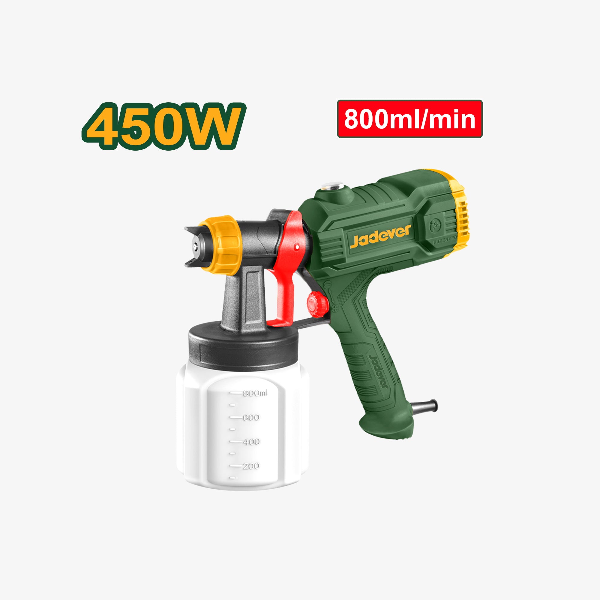 Green spray gun with power and flow rate specifications on a white background