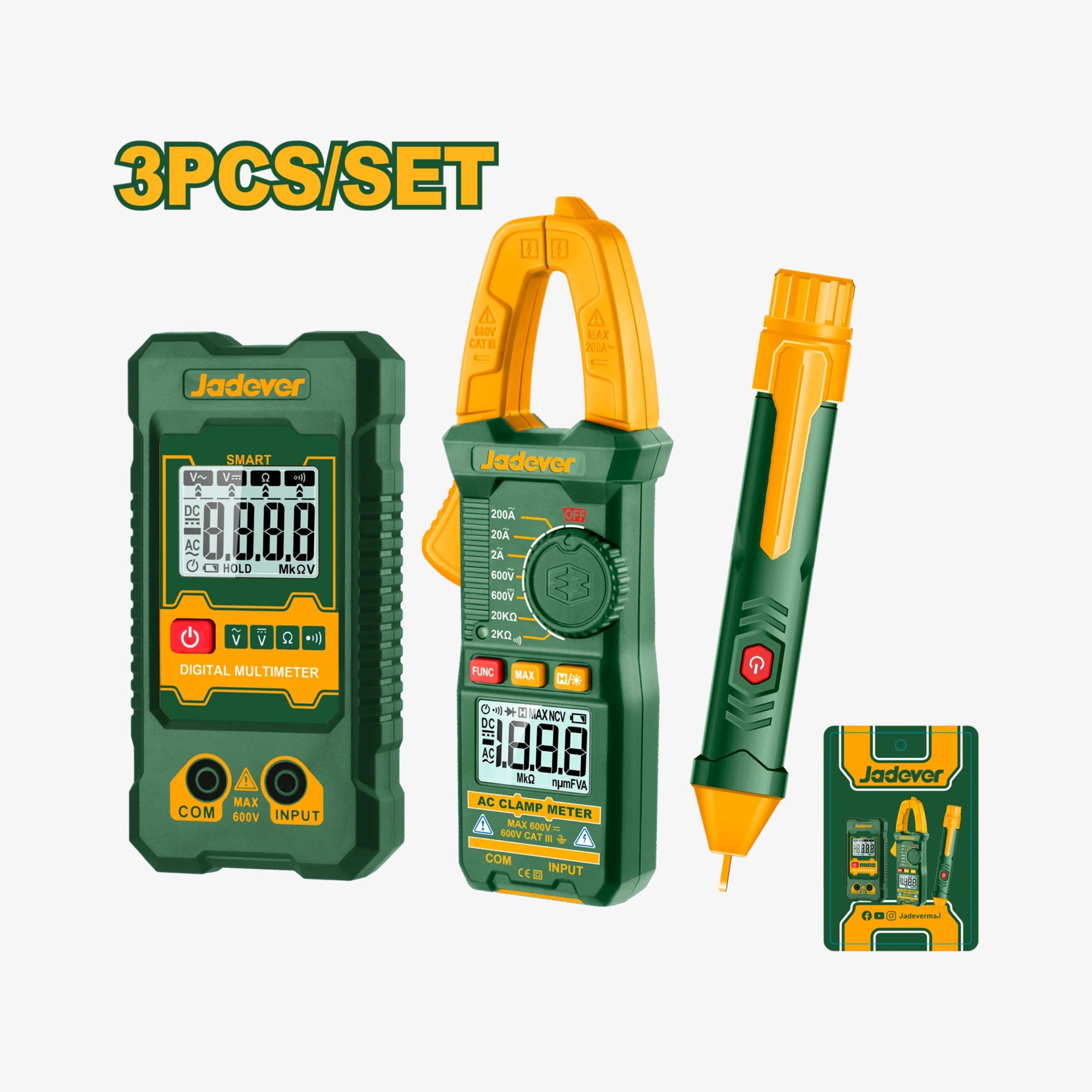 Set of three electrical measurement tools with Jadover branding on a white background