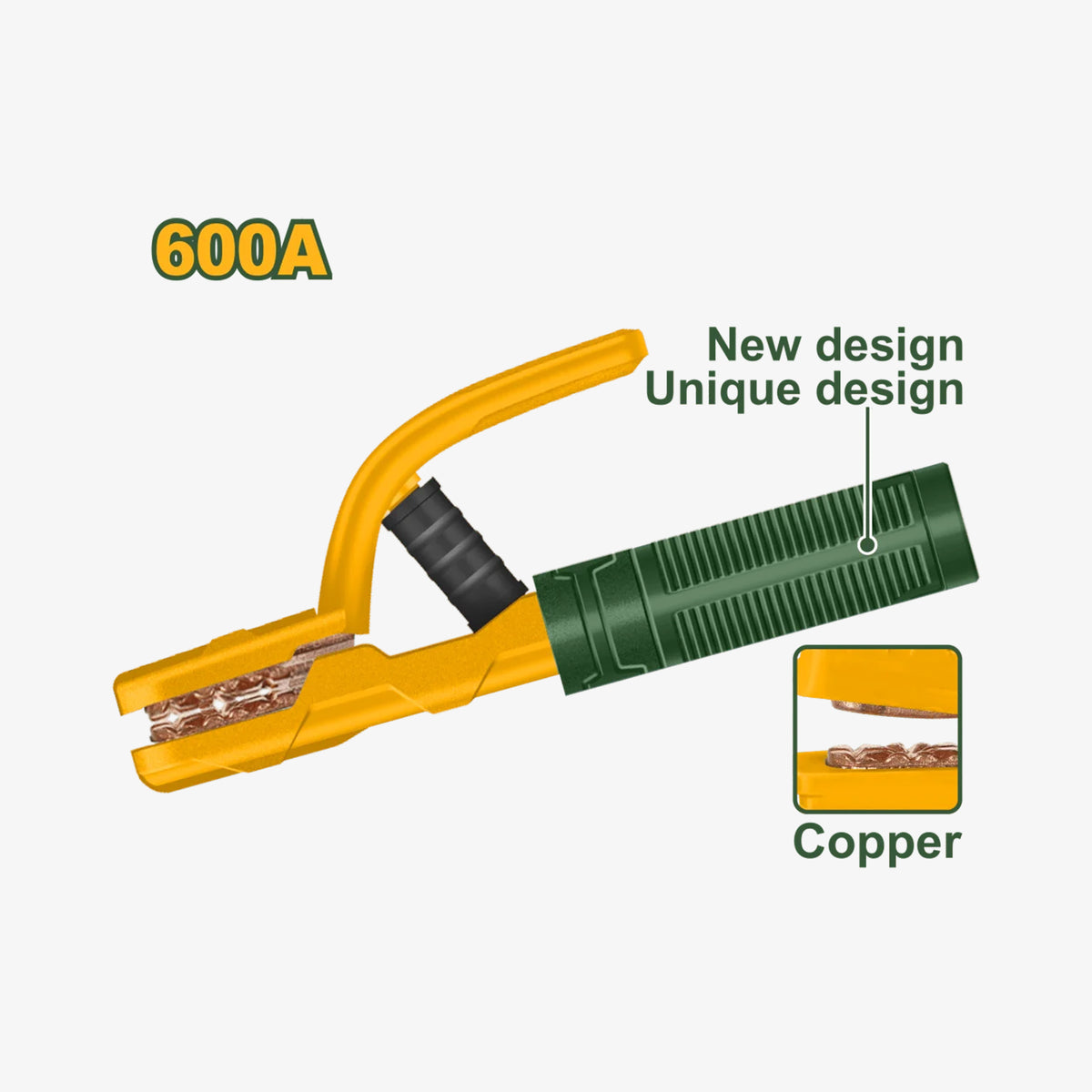 Welding tong with yellow and green design, labeled '600A' and 'New design Unique design'.
