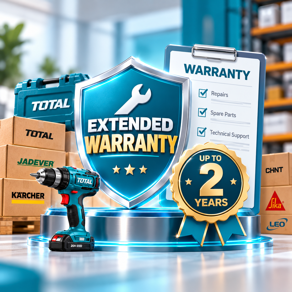 A promotional graphic for an extended warranty service, featuring a large blue shield with 'EXTENDED WARRANTY' and a 'WARRANTY' clipboard, alongside a gold 'UP TO 2 YEARS' badge, a teal cordless drill, and stacked boxes with brands like TOTAL, JADEVER, and KARCHER.