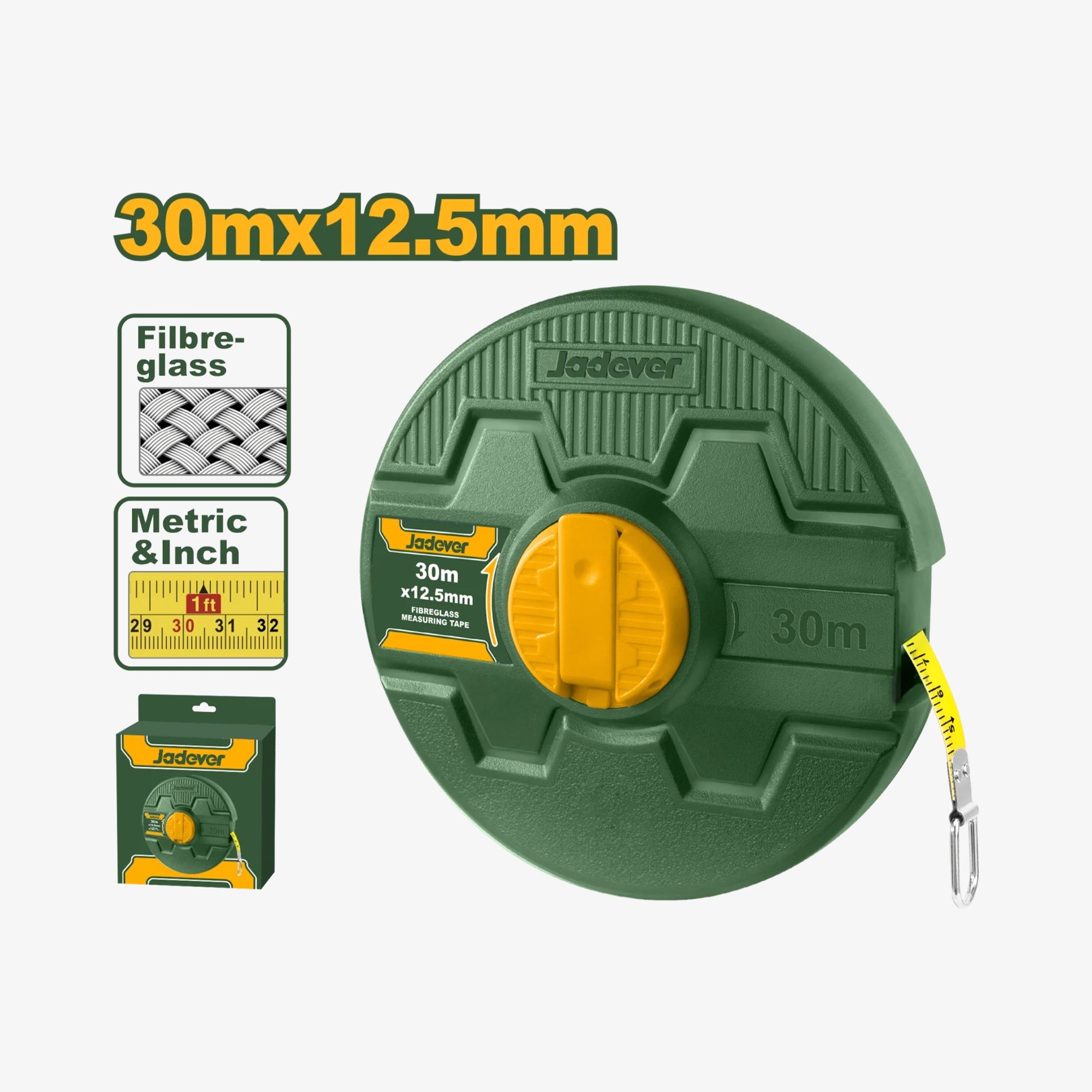 Green reel with yellow accents displaying 'Jadever' brand, featuring specifications and packaging on a white background.