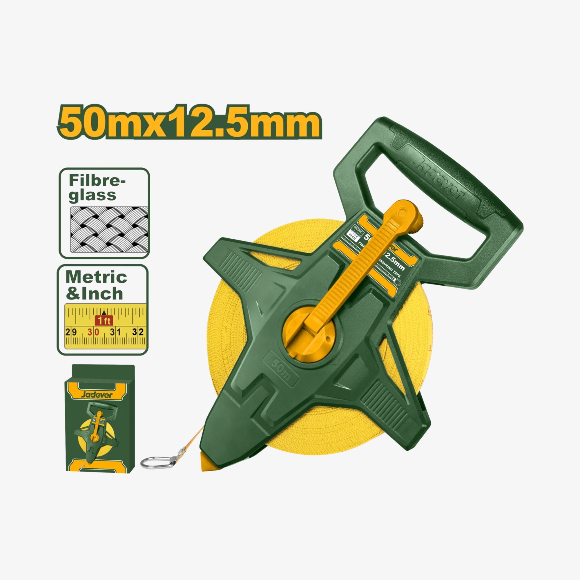 Green and yellow tape measure with specifications on a white background