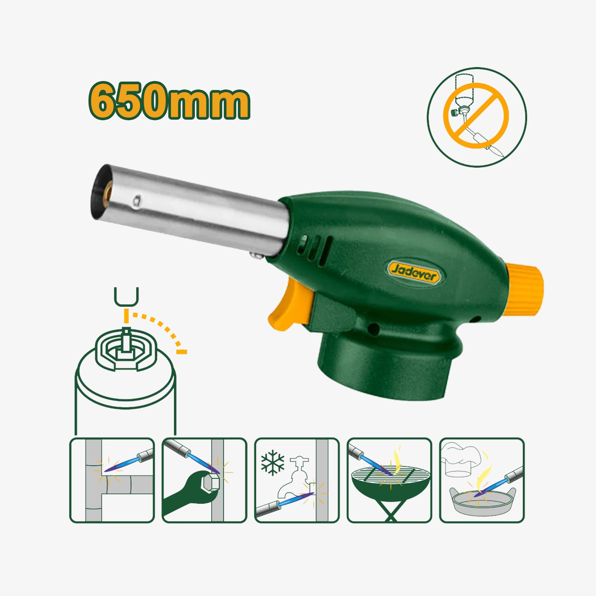 Green and orange butane torch with nozzle illustration on a white background