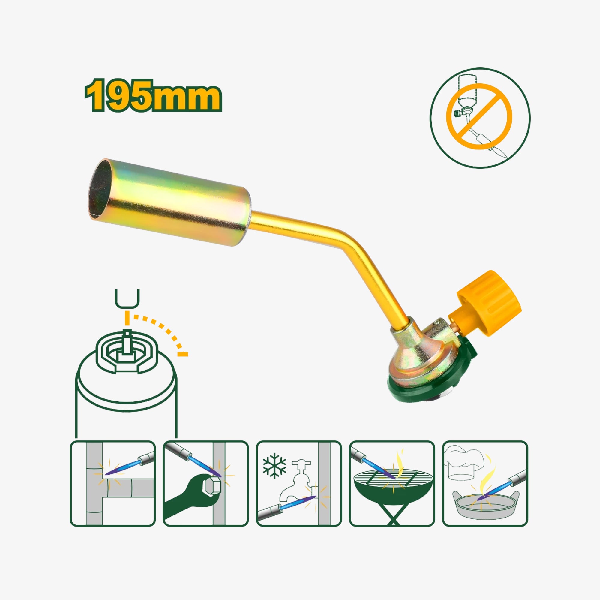 Butane torch with nozzle and illustrations of uses on a white background