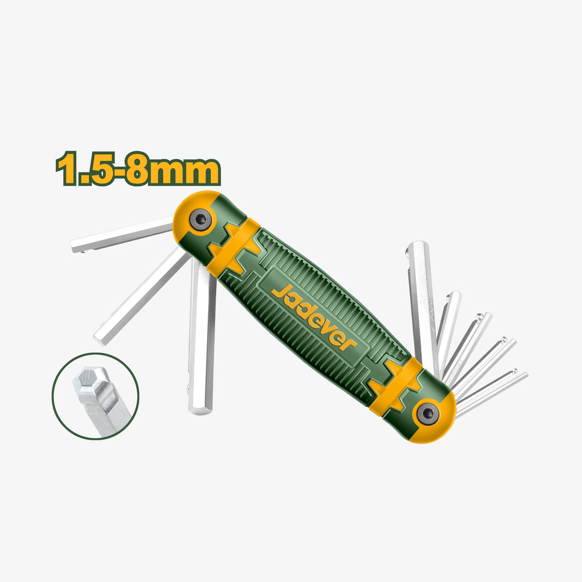 Green and yellow screwdriver set with interchangeable bits on a white background