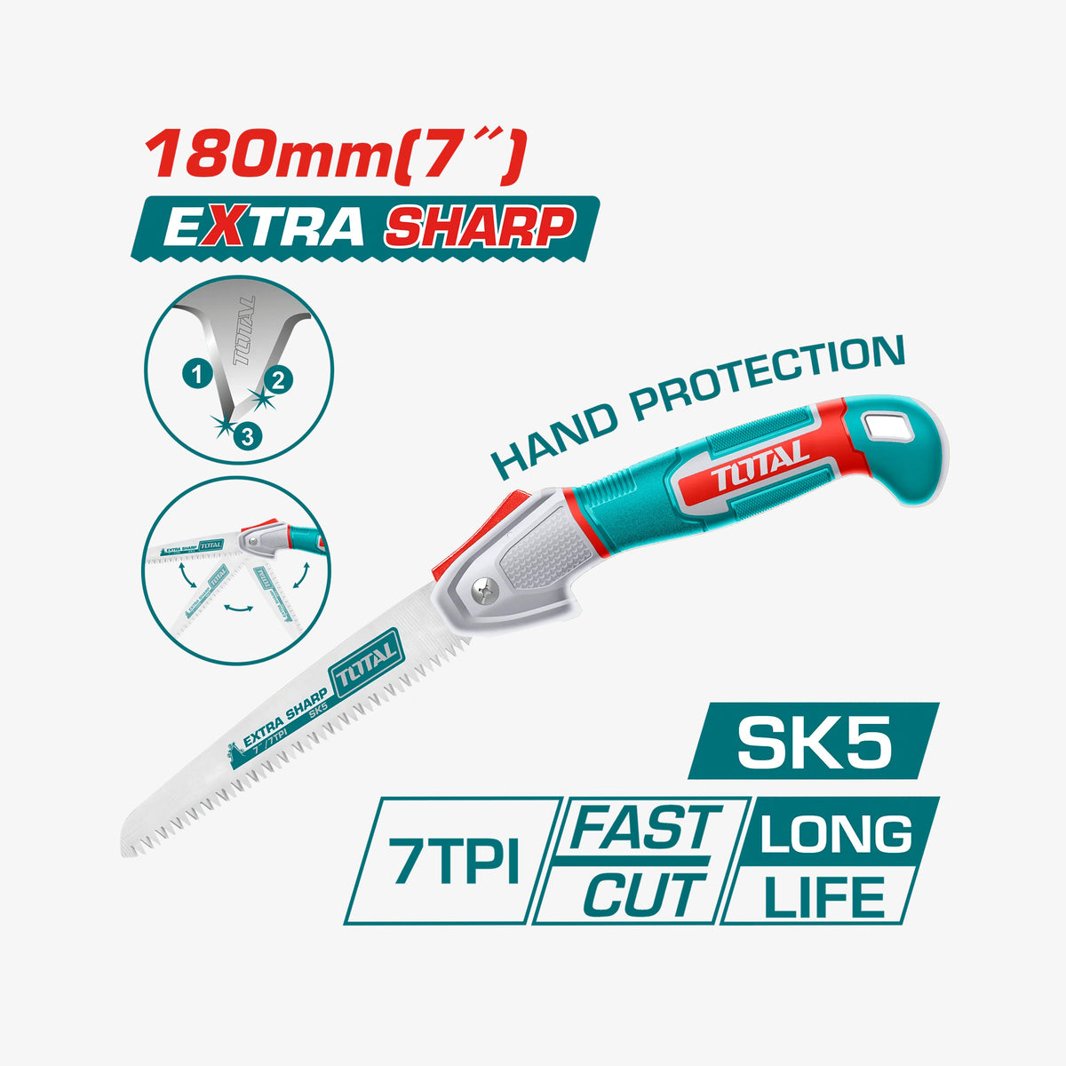 Hand saw with branding and feature text on a white background