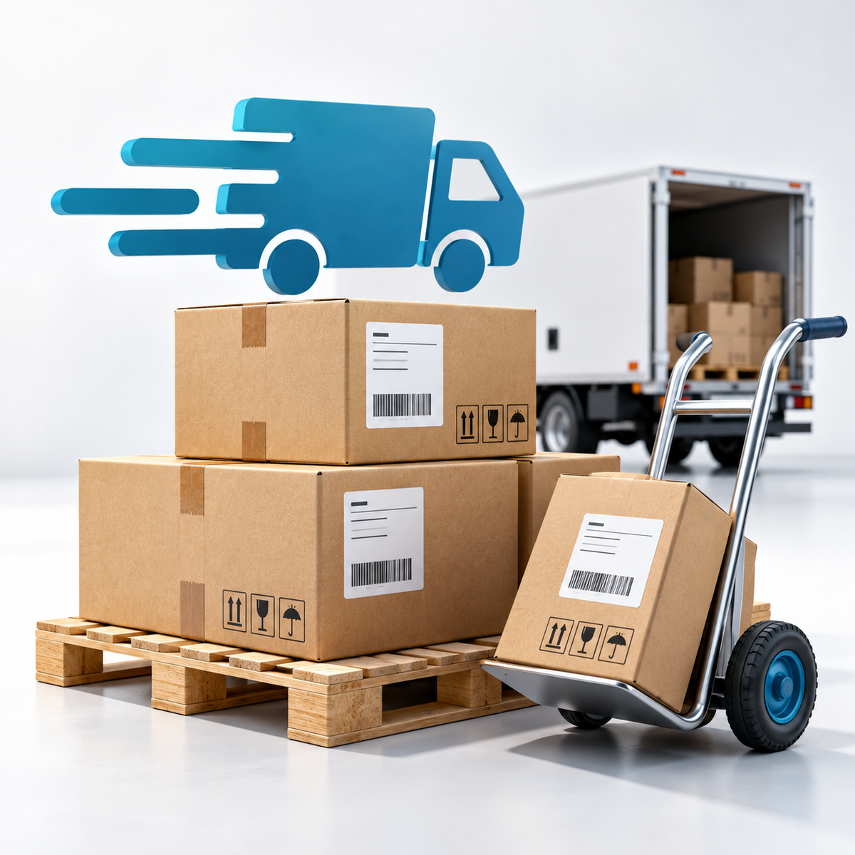 Three brown cardboard shipping boxes stacked on a wooden pallet next to a metal cart with a box, with a blue stylized delivery truck icon above and a white cargo truck in the background.