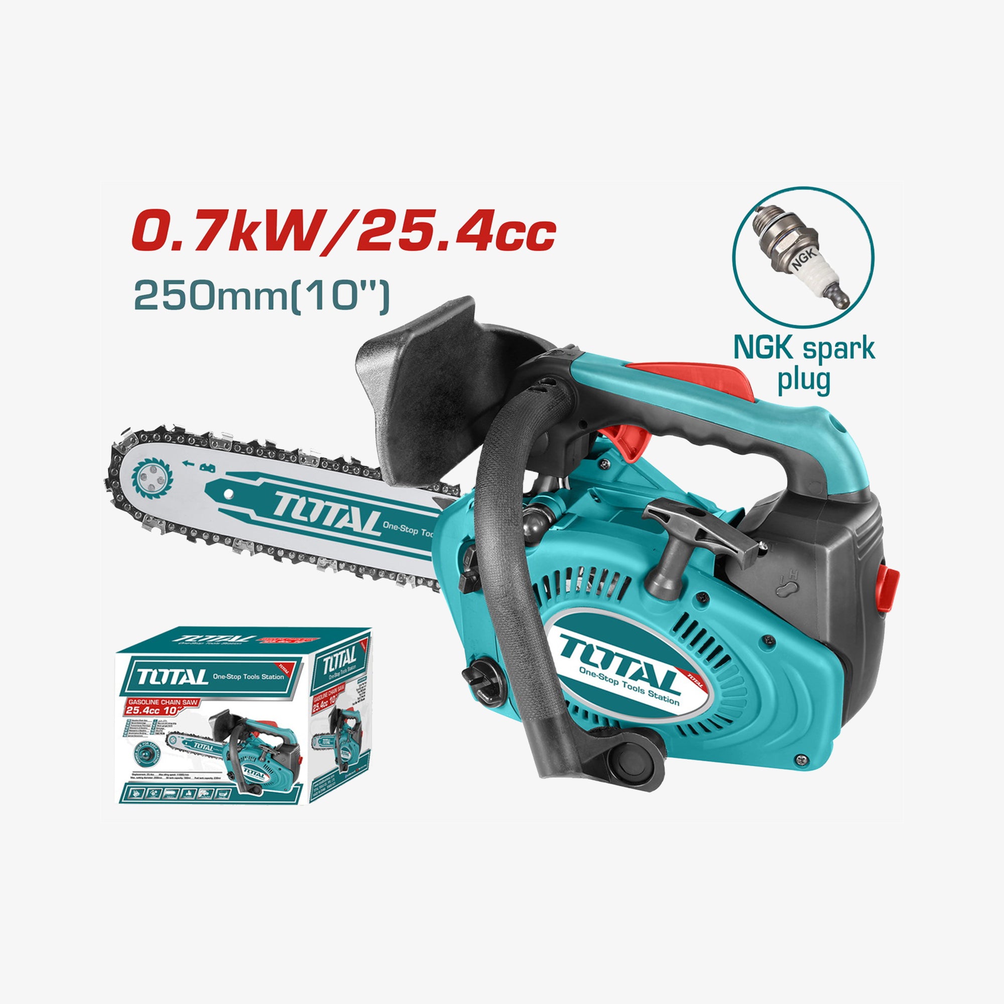 Turquoise chainsaw with branding and specifications on a white background