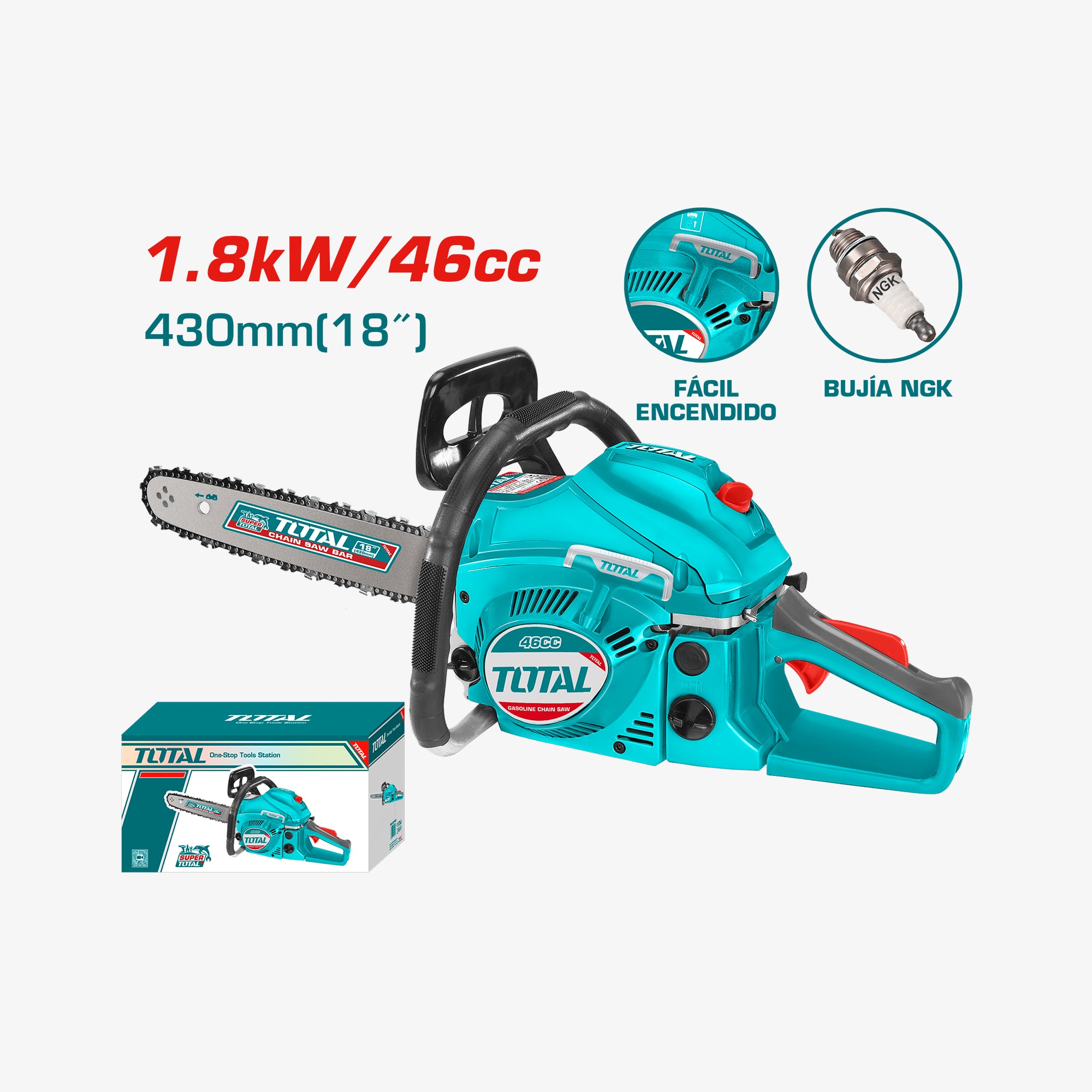 Turquoise chainsaw with branding and specifications on a white background