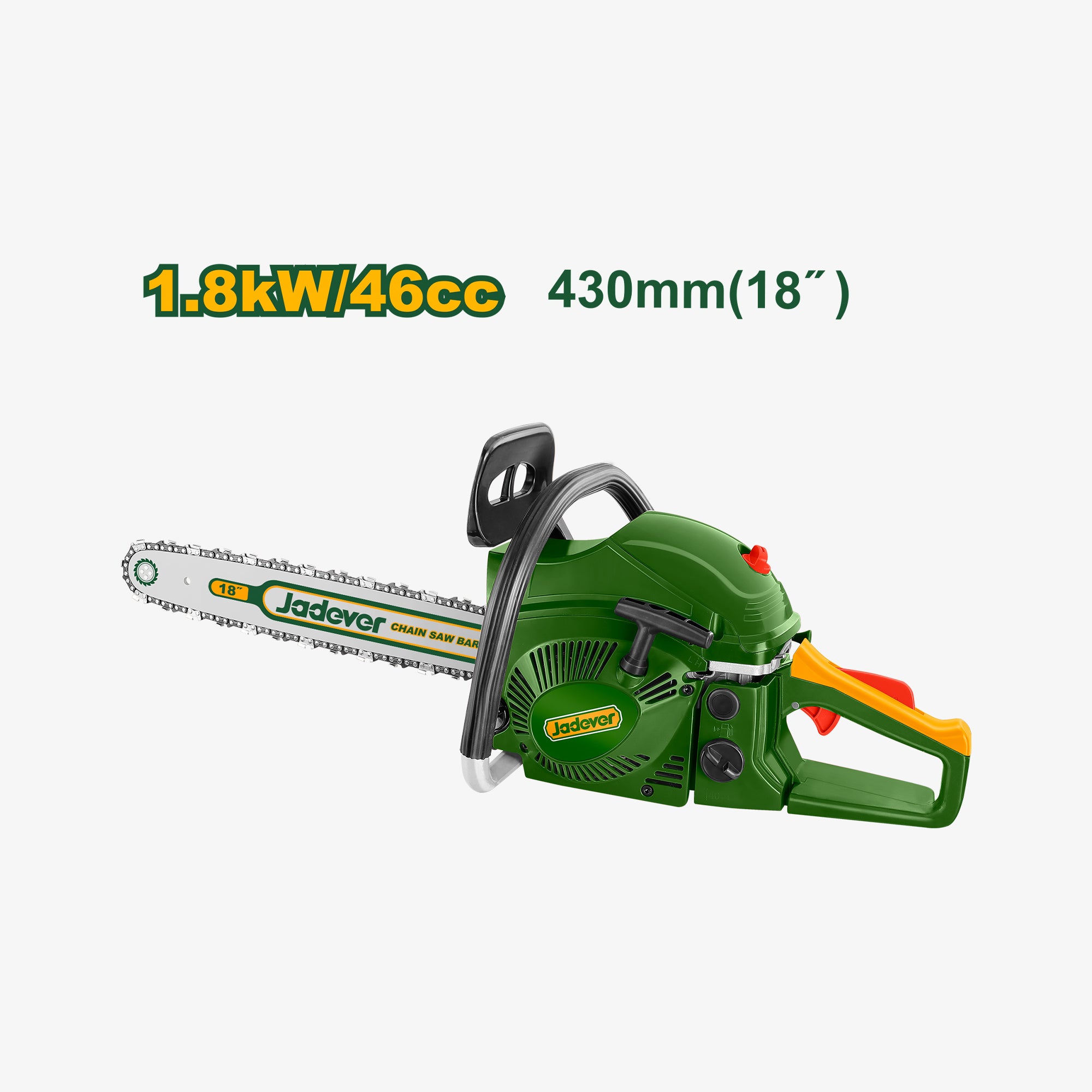 Green chainsaw with specifications on a white background
