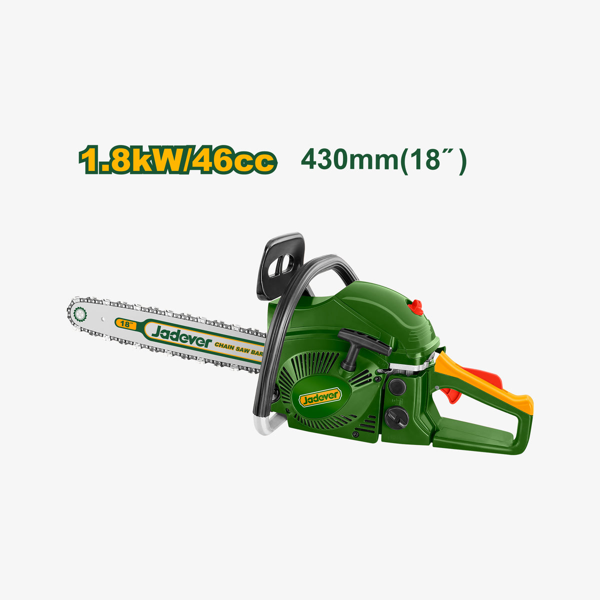 Green chainsaw with specifications on a white background