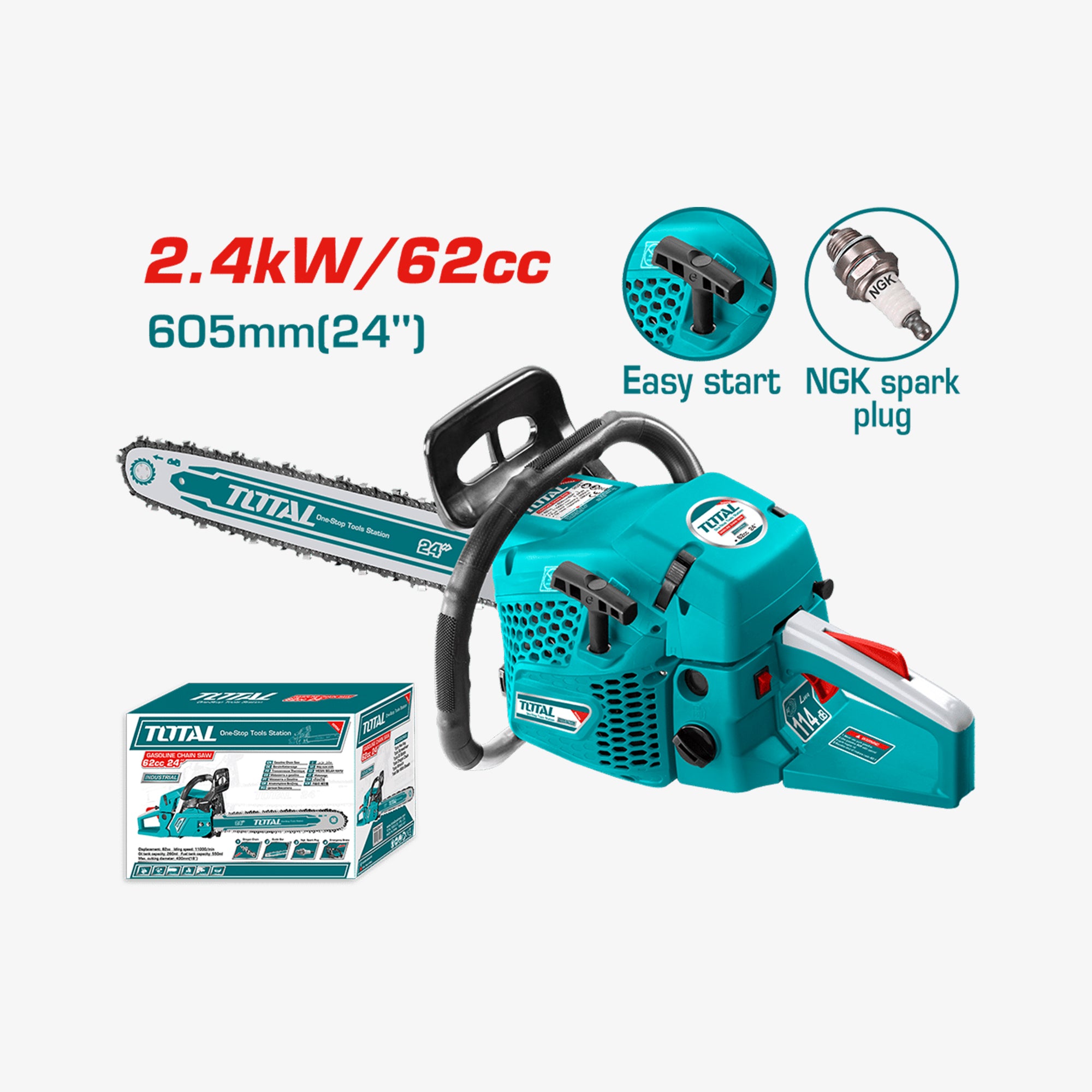 Turquoise chainsaw with packaging on a white background, featuring specifications and brand logos.