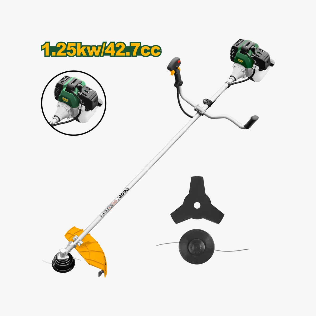 Bare lawn mower with attachments on a white background