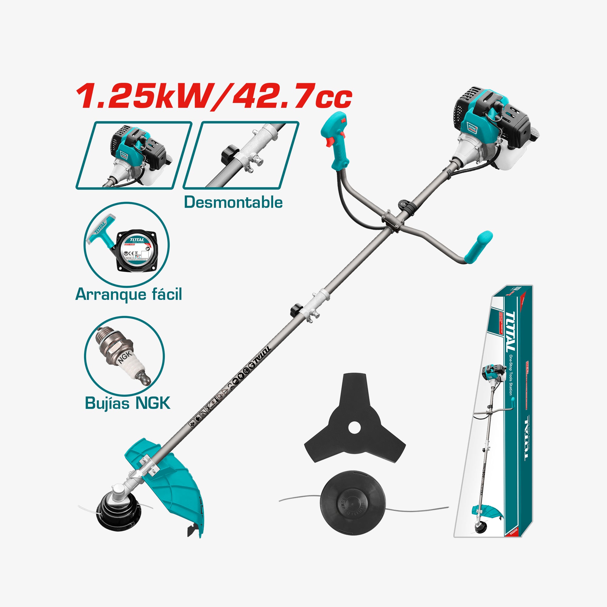 String trimmer with features highlighted on a white background