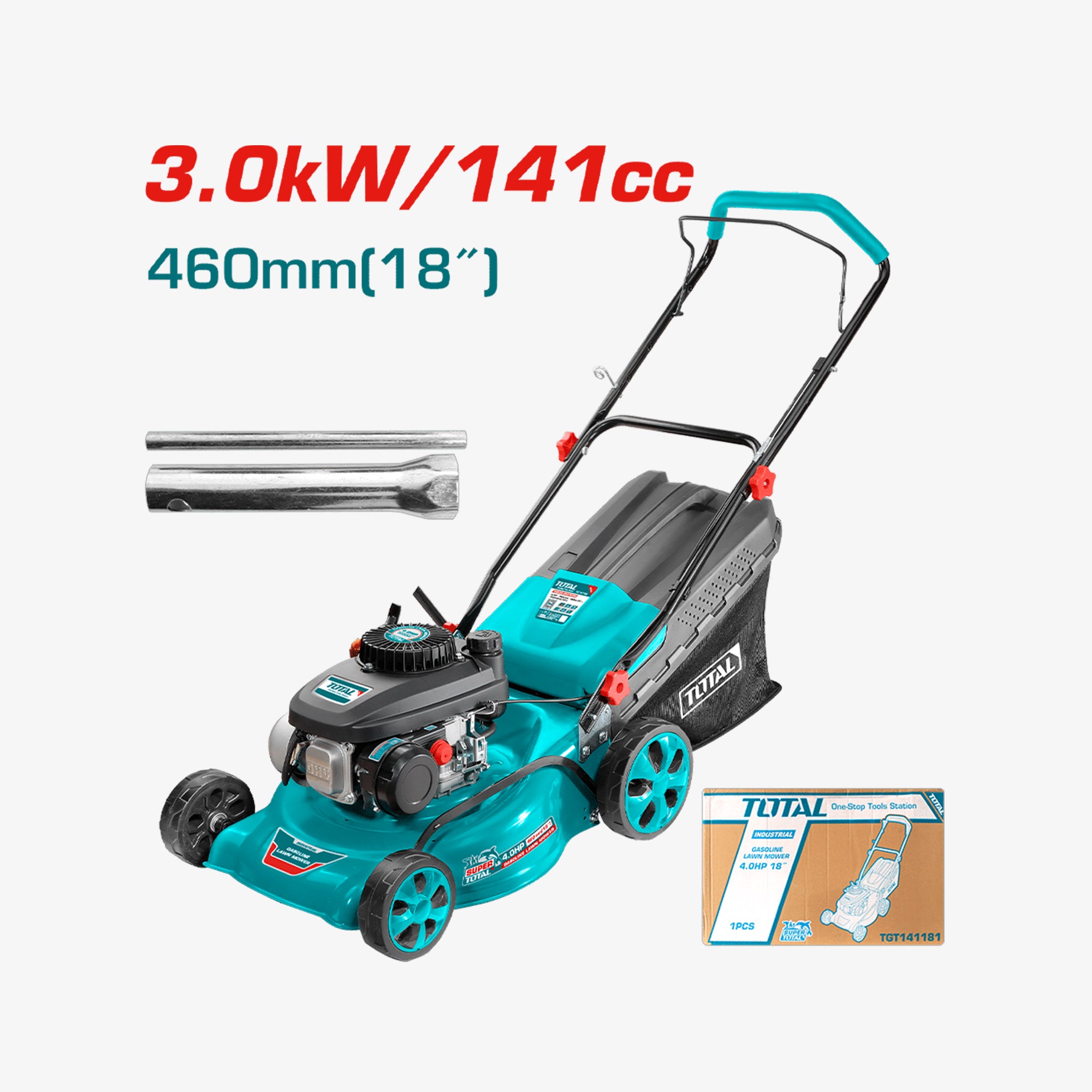 Turquoise lawn mower with specifications on a white background