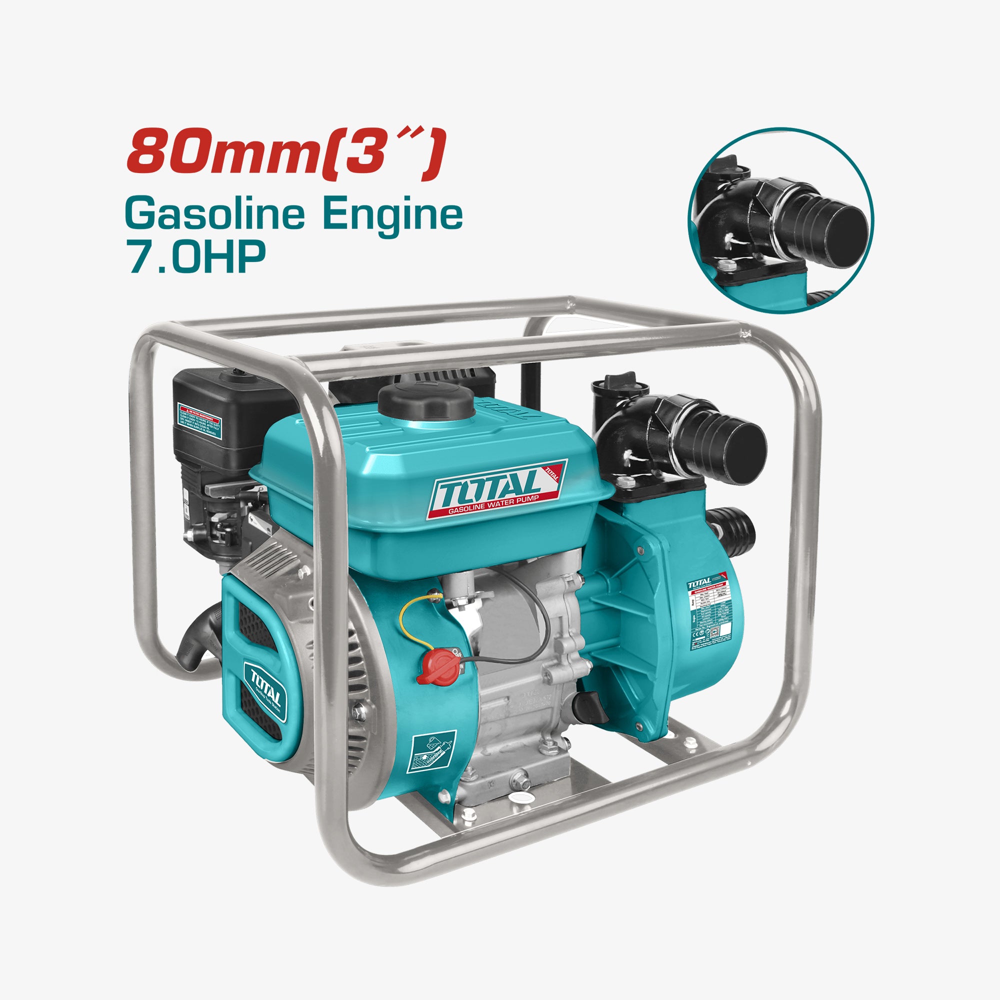 Turquoise gasoline engine pump with 'TOTAL' branding on a white background