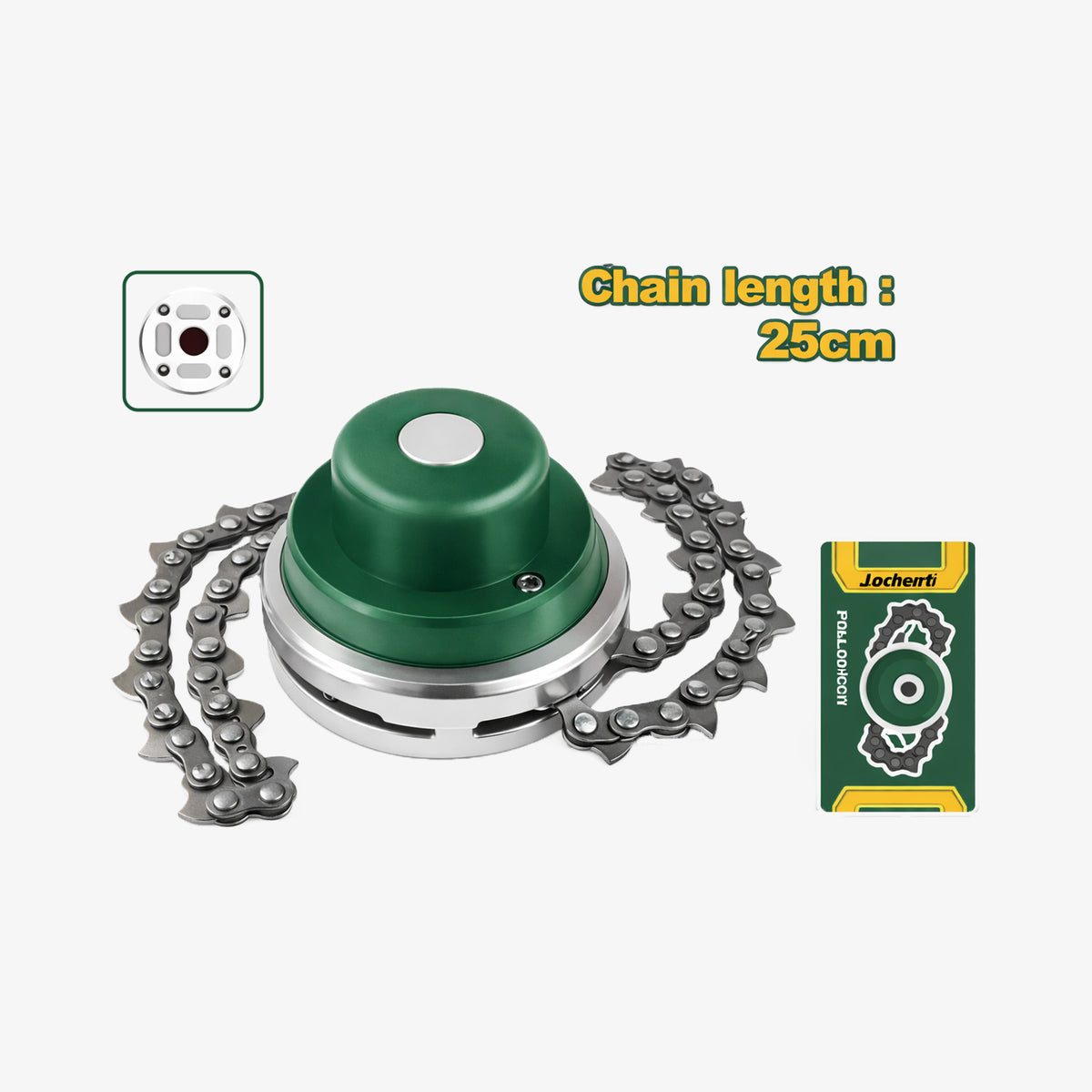 Green chainsaw chain and sprocket set with Jachteri branding on a white background