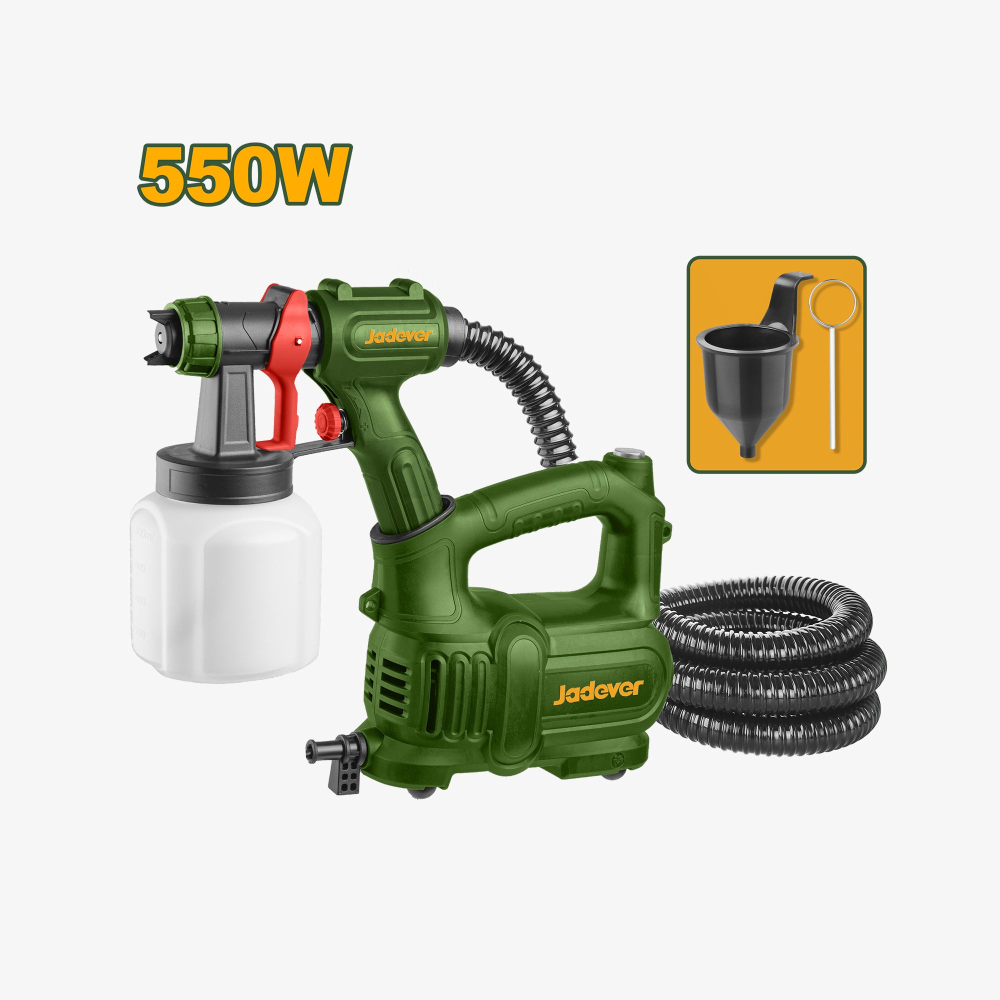 Green paint sprayer with hose and container on a white background, featuring Jadover branding.