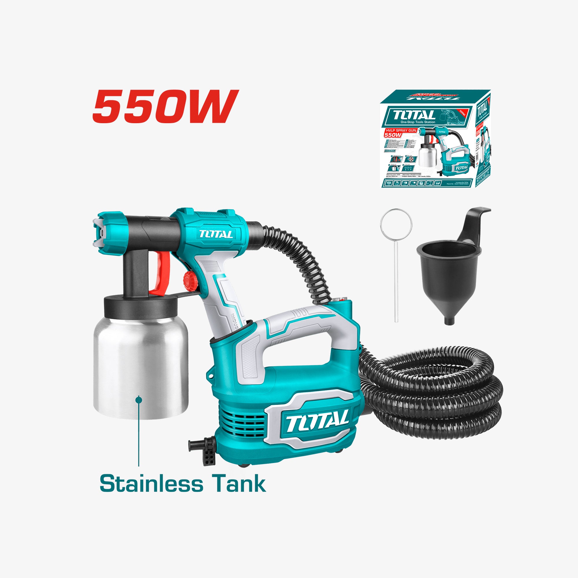Turquoise paint sprayer with accessories on a white background, featuring the brand 'TOTAL'.